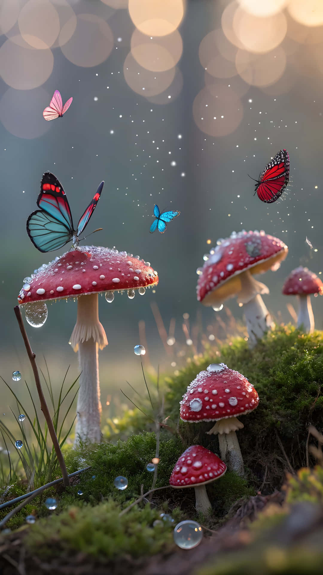 The mushrooms 壁紙 — 閃亮的紅色蘑菇帶有白色斑點和露珠，在柔和的散景背景下招待色彩繽紛的蝴蝶。
