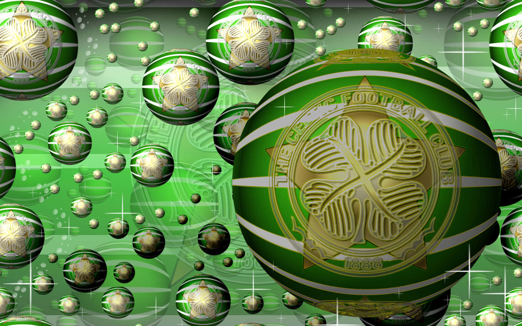 Celtic Irish 桌布 壁紙 — 閃亮的綠色和金色足球俱樂部球在閃爍的數位空間中漂浮，帶有重複的球隊標誌。