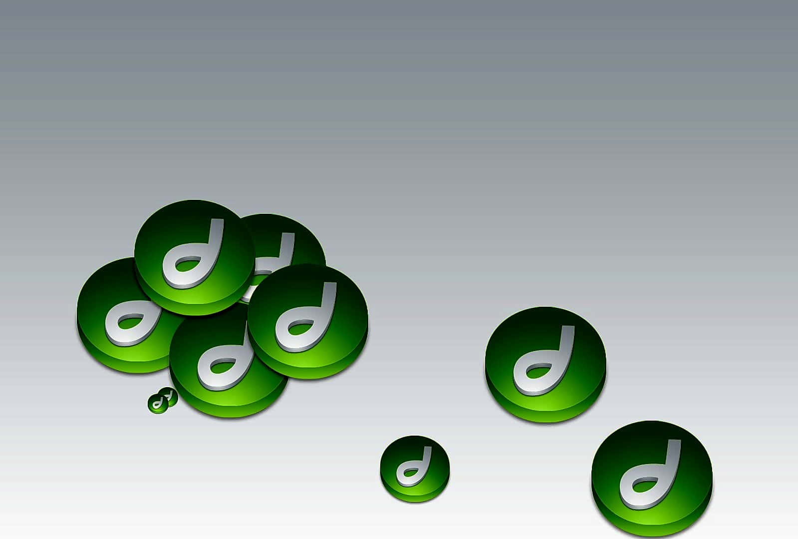 Dreamweaver 桌布 壁紙 — 閃亮的綠色圓形按鈕，帶有銀色小寫字母 'd'，散佈在漸變灰色背景上。
