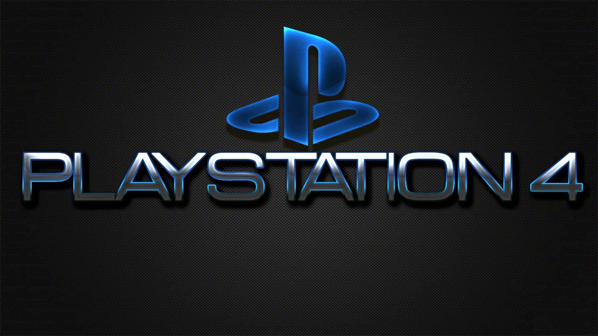 PlayStation 桌布 壁紙 — 閃亮的藍色 PlayStation 4 標誌在深色紋理背景上閃耀，帶有金屬字體。