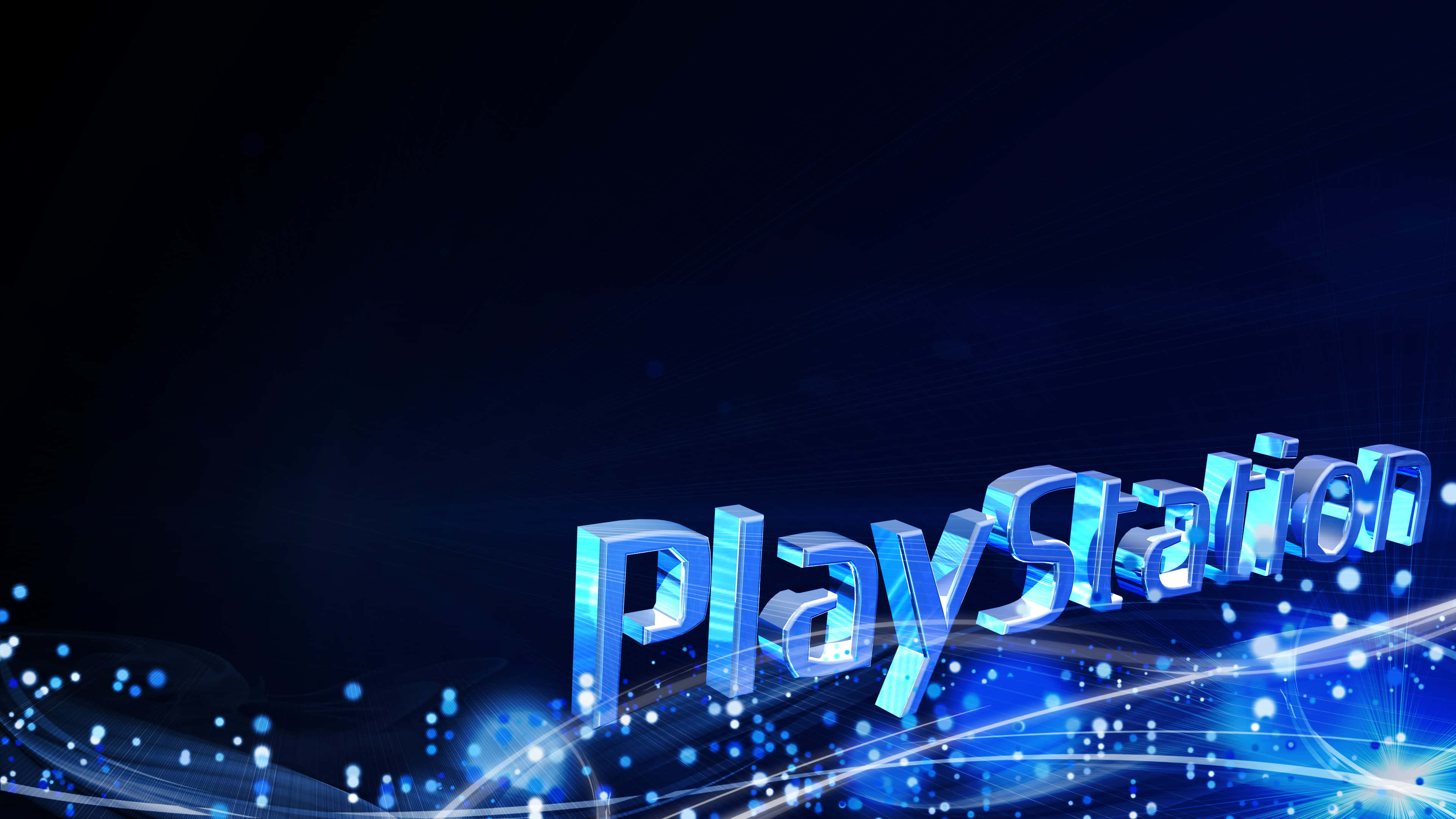 PlayStation 桌布 壁紙 — 閃亮的藍色PlayStation標誌在黑暗背景上發光，帶有閃爍的光跡和粒子。