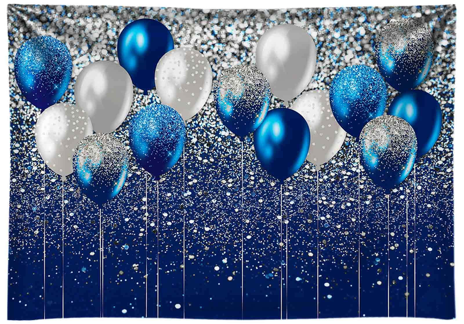 Balloon 桌布 壁紙 — 閃亮的藍色和銀色氣球漂浮在閃爍的深藍色背景上，伴隨著閃閃發光的五彩紙屑。