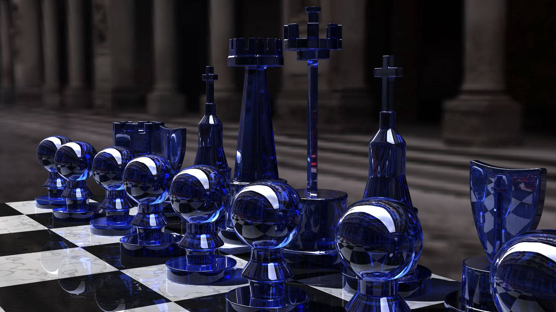 西洋棋 桌布 壁紙 — 閃亮的藍色玻璃西洋棋棋子在一塊黑白大理石棋盤上閃耀，位於宏偉、燈光昏暗的大廳中。