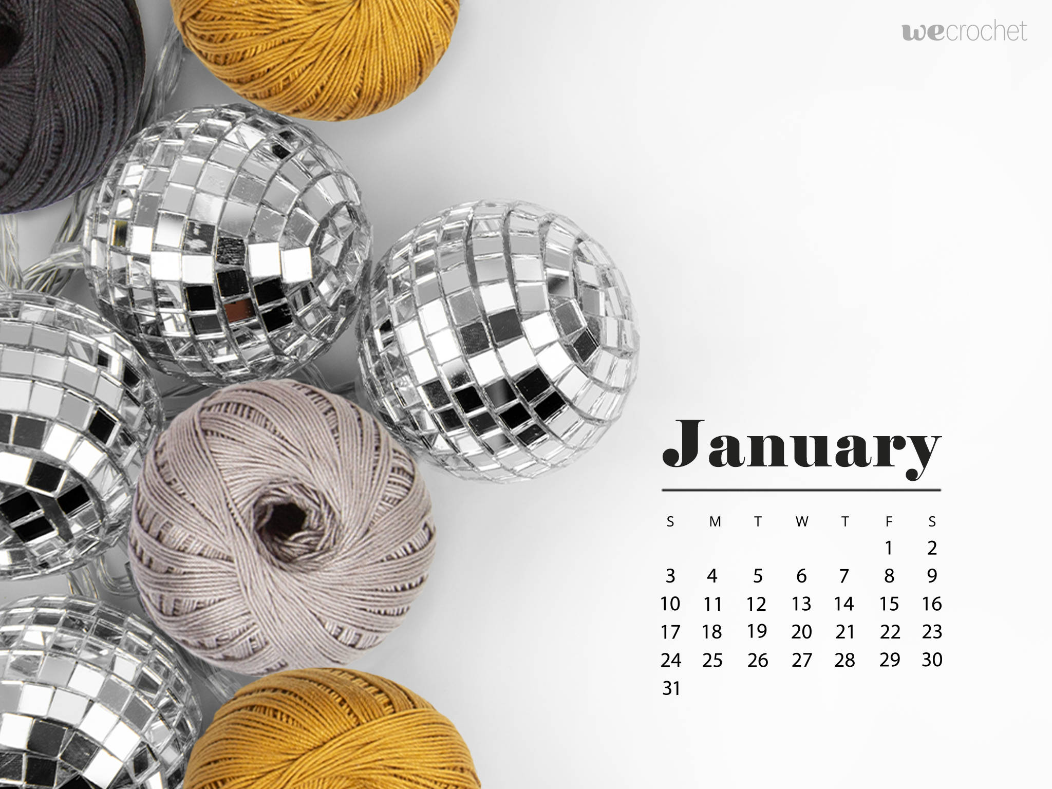 2021 Calendar 桌布 壁紙 — 閃亮的迪斯科球和彩色毛線球圍繞著白色背景上的簡約一月日曆排列。
