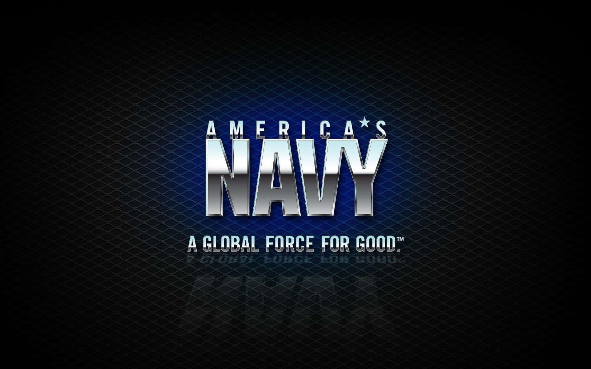 Navy 桌布 壁紙 — 閃亮的金屬 America's Navy 標誌在深藍色紋理背景上發光，帶有微妙的燈光效果。