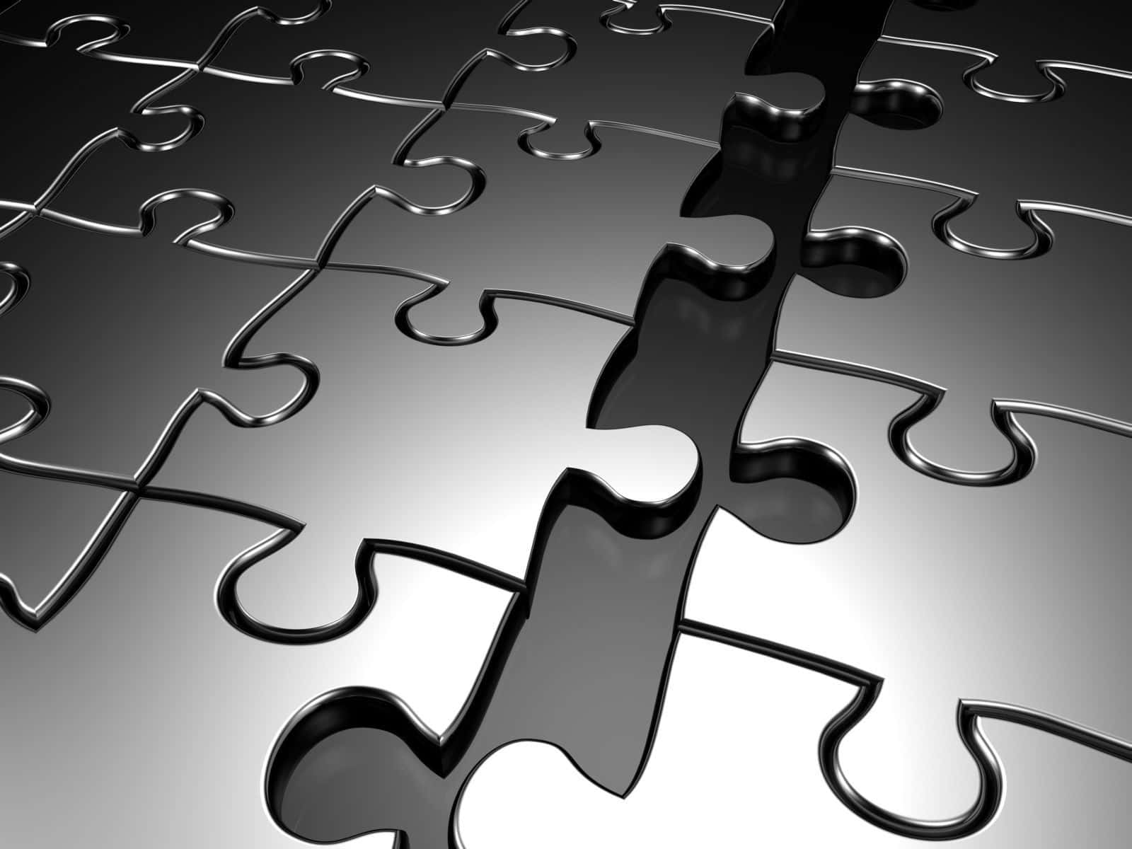 Puzzle 桌布 壁紙 — 閃亮的金屬拼圖塊以對角線圖案排列，中央空隙露出明亮光線。