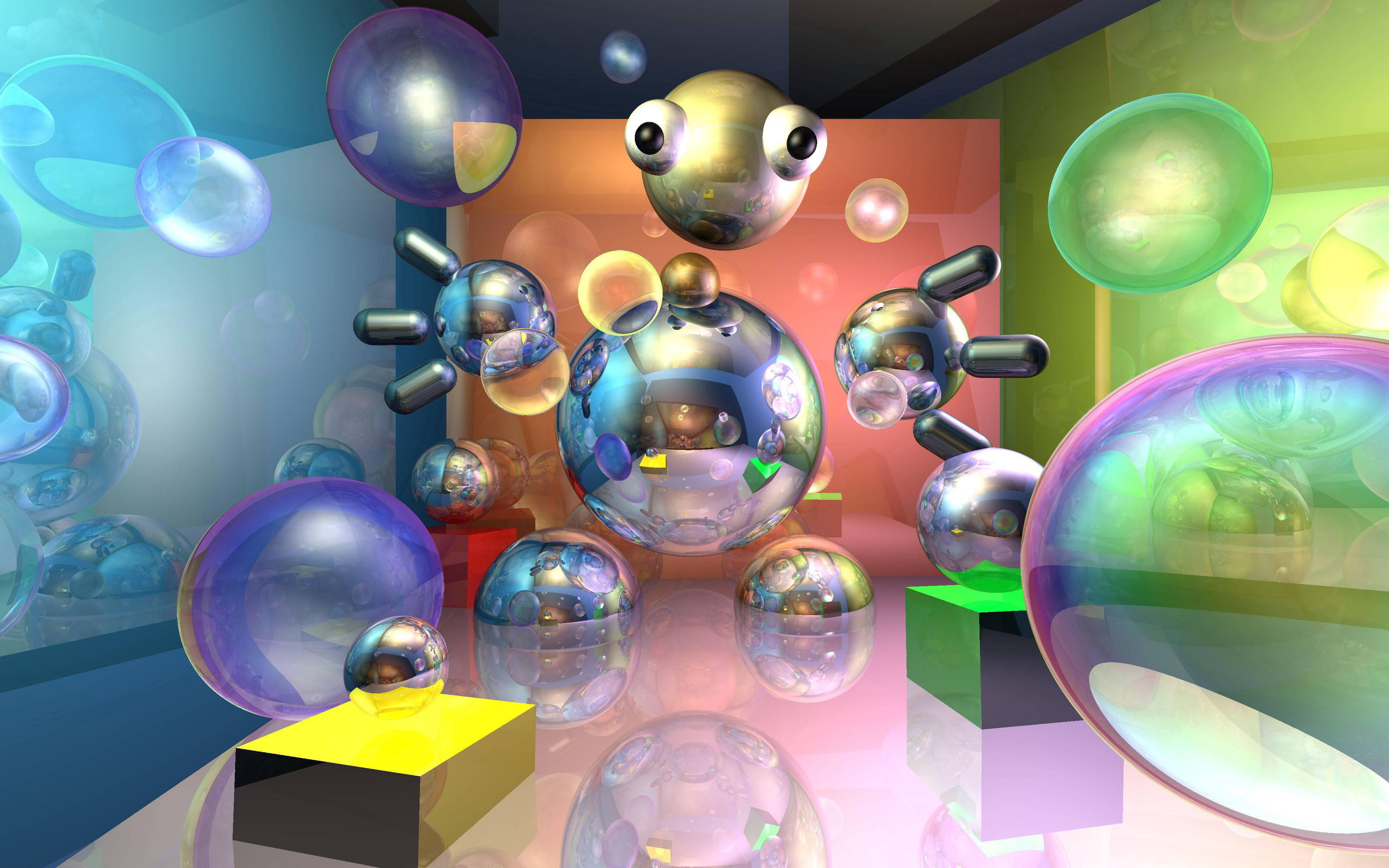 3D 桌布 壁紙 — 閃亮的金屬球體帶有咕嚕眼，漂浮在色彩繽紛的半透明氣泡中，構成充滿活力的數位藝術場景。