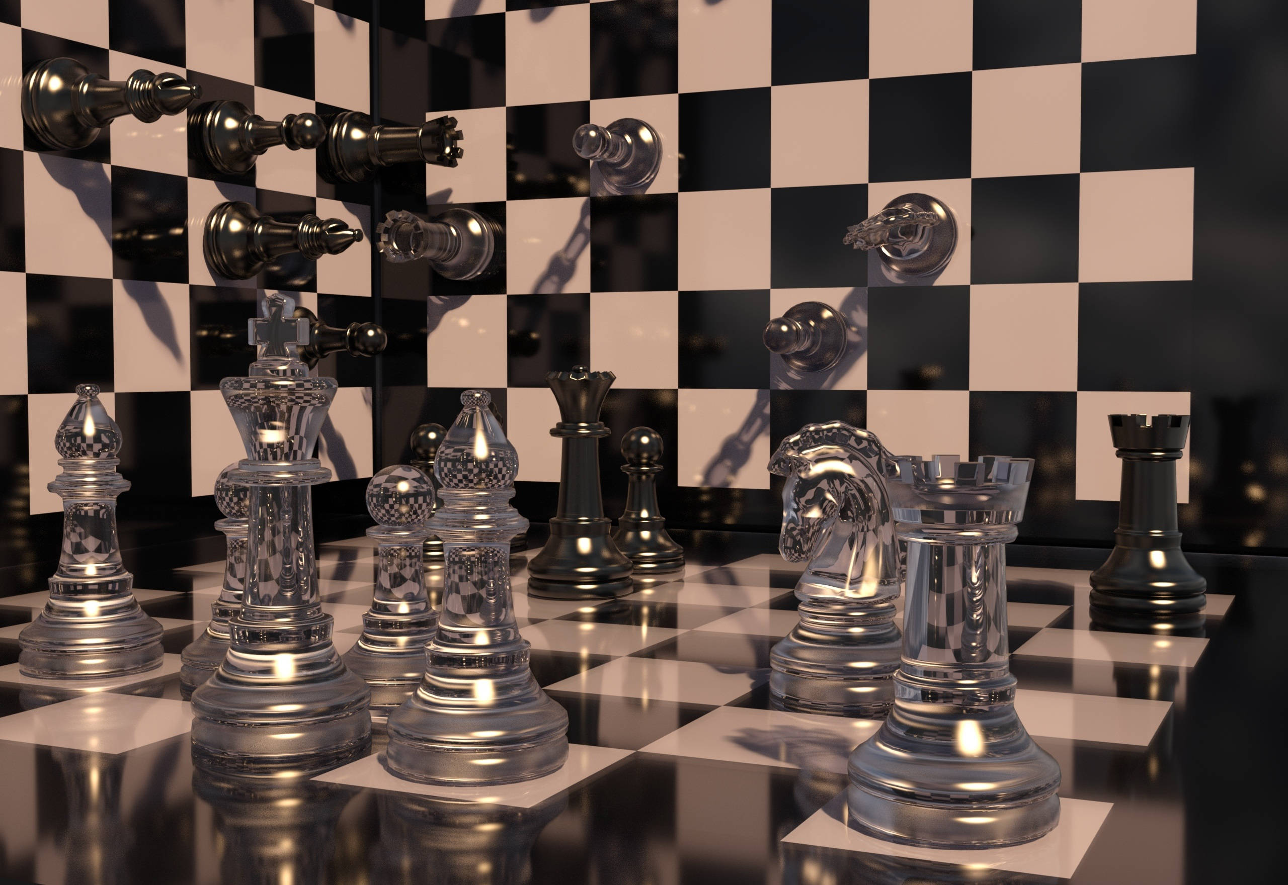 西洋棋 桌布 壁紙 — 閃亮的金屬西洋棋棋子立在反光的棋盤上，背景是匹配的牆壁。