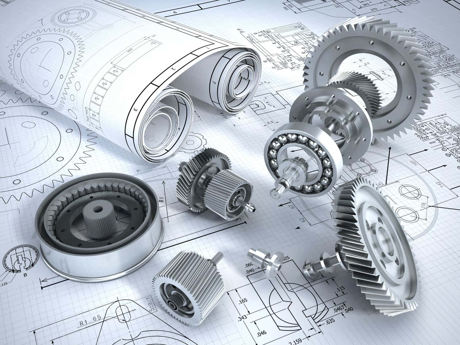 engineering 桌布 壁紙 — 閃亮的金屬齒輪和軸承放置在方格紙上詳細的工程藍圖上。