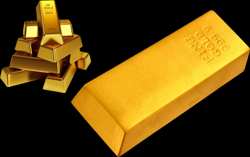 Gold Bars 桌布 壁紙 — 閃亮的金條堆疊成一堆，旁邊放著一個大金錠，背景為黑色。