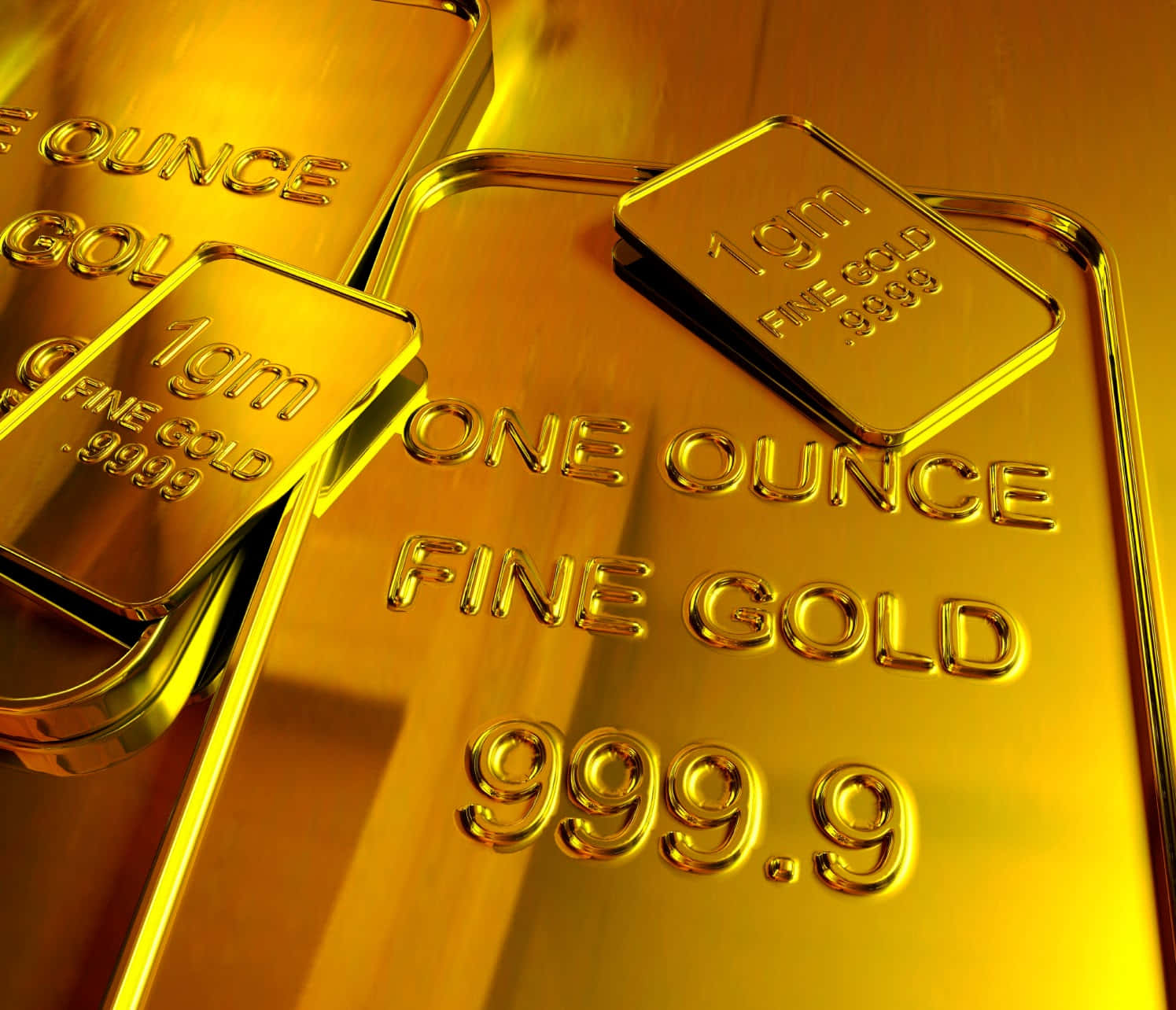 金色動態 桌布 壁紙 — 閃亮的金條標示為 one ounce fine gold 999.9，在溫暖光線下閃爍，表面反光。