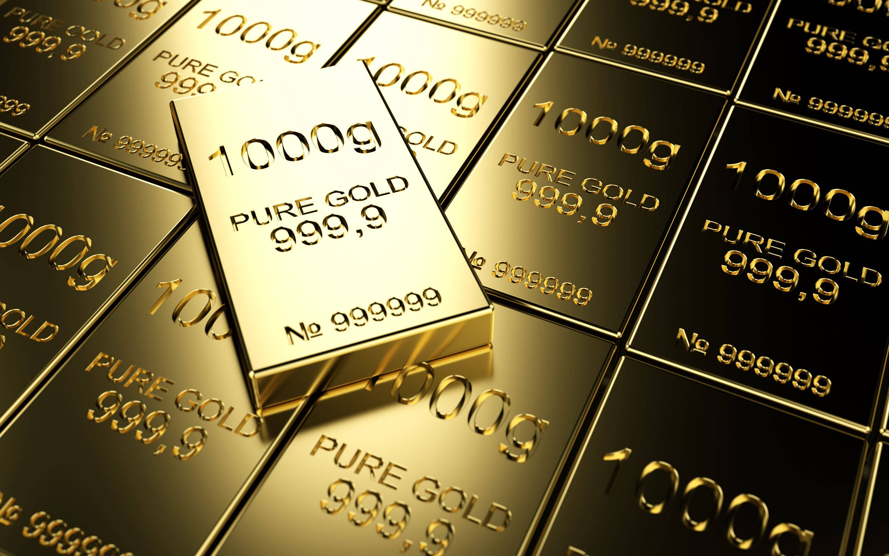 金色動態 桌布 壁紙 — 閃亮的金條標示為1000g純金999.9，堆疊成閃閃發光的一堆，表面反光。