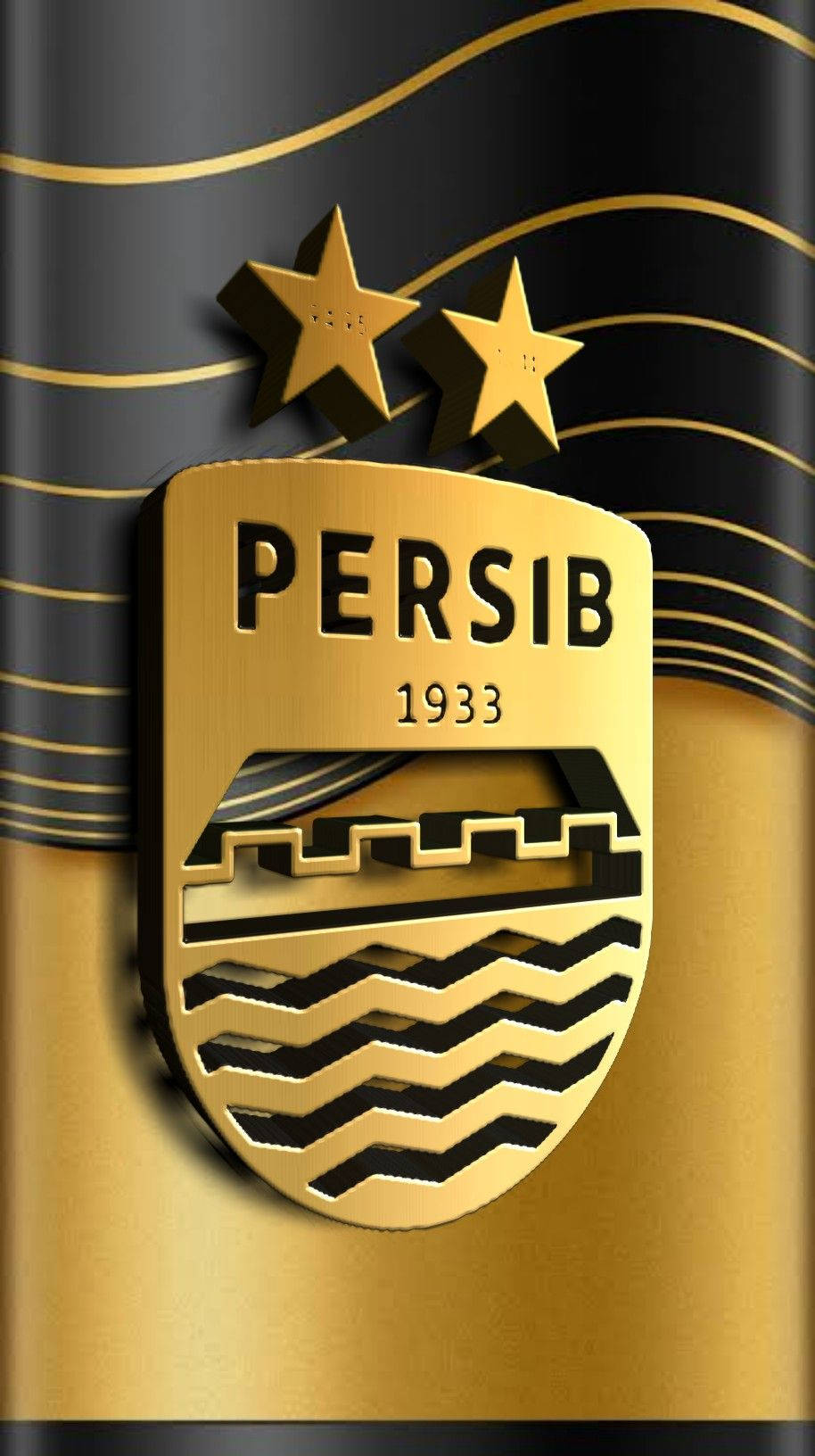 足球 桌布 壁紙 — 閃亮的金色 Persib 1933 徽章，頂部有兩顆星，置於黑色和金色波浪背景上。