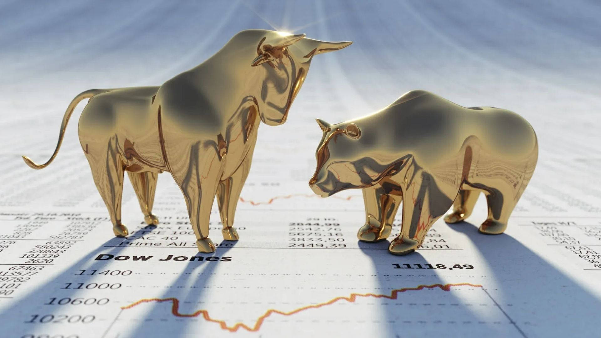 Dow 桌布 壁紙 — 閃亮的金色公牛和熊雕像矗立在帶有道瓊斯指數數字和股票數據的金融圖表上。