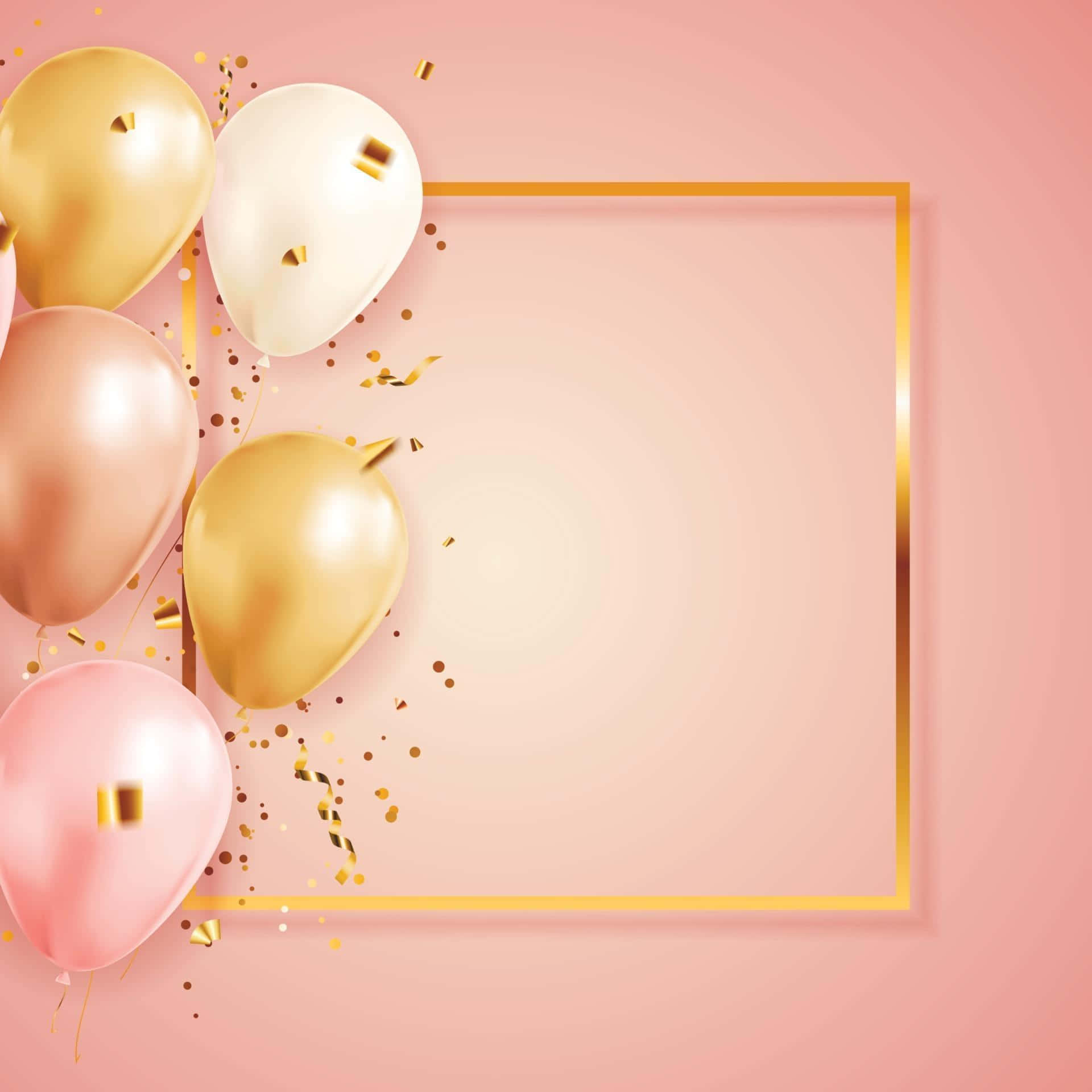 Balloon 桌布 壁紙 — 閃亮的金色和粉紅色氣球與五彩紙屑簇靠近金色框架，在柔和的粉紅色背景上。