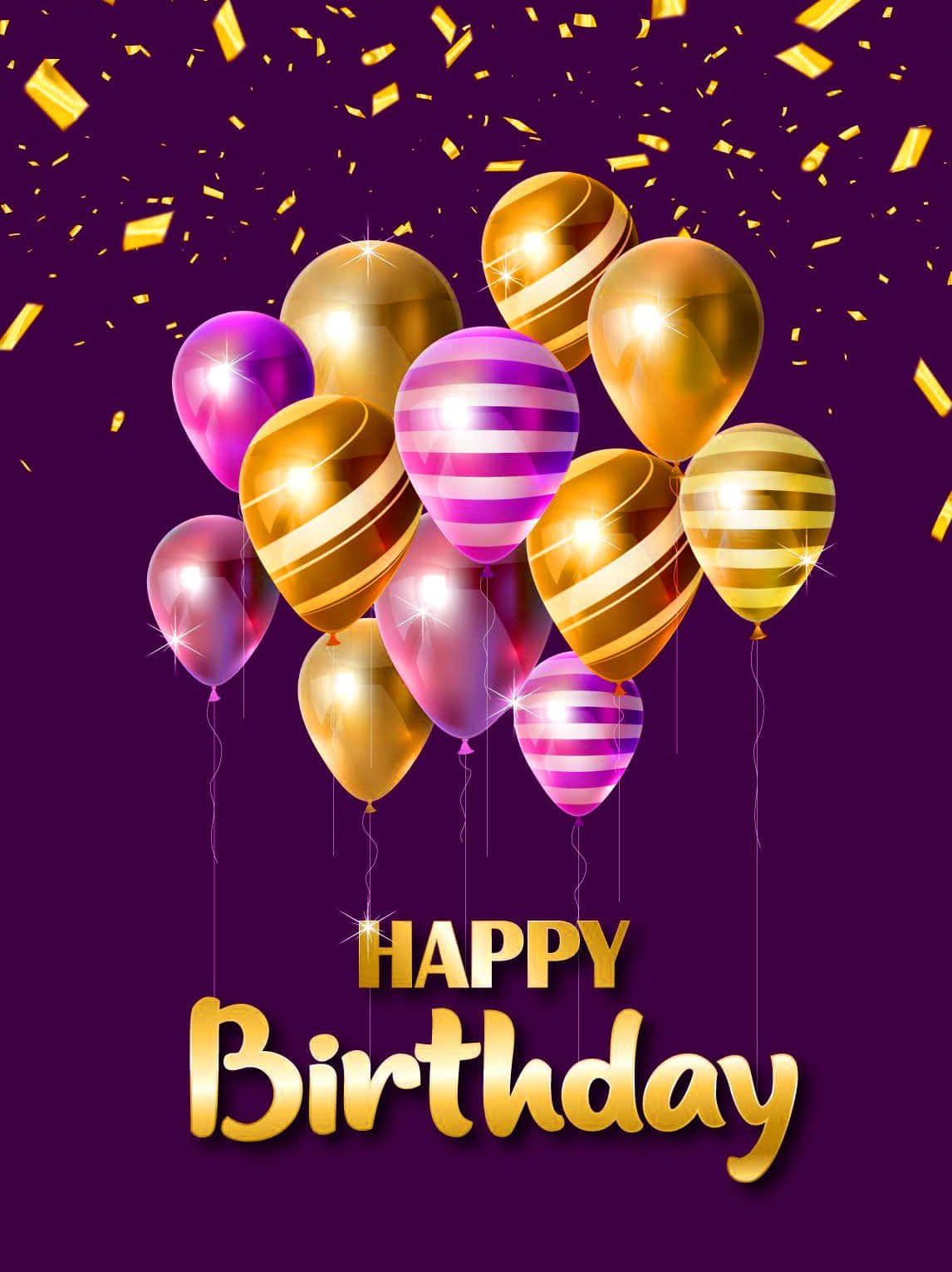 Birthday 桌布 壁紙 — 閃亮的金色和紫色氣球漂浮在深紫色背景上，伴隨著飄落的金色五彩紙屑和粗體金色生日文字。