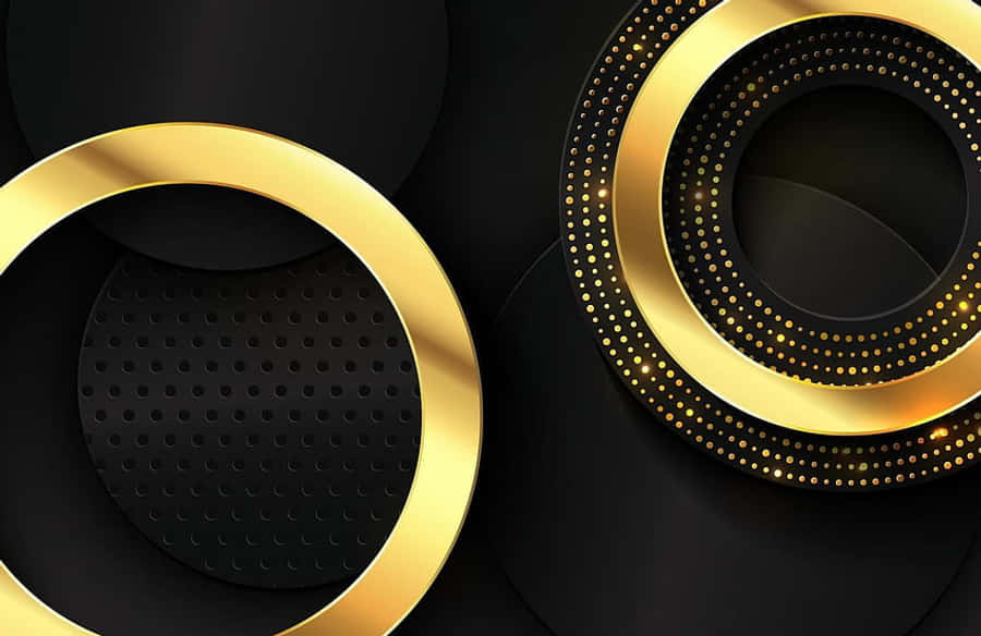 Elegant Black And Gold 桌布 壁紙 — 閃亮的金色戒指帶有虛線邊緣，在光滑的黑色背景上漂浮，呈現奢華的抽象構圖。