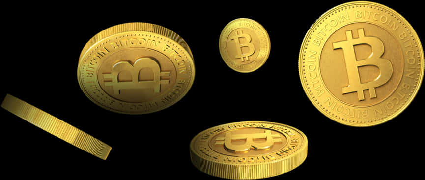 比特幣 桌布 壁紙 — 閃亮的金色比特幣硬幣在純黑背景上漂浮並堆疊，帶有發光高光。