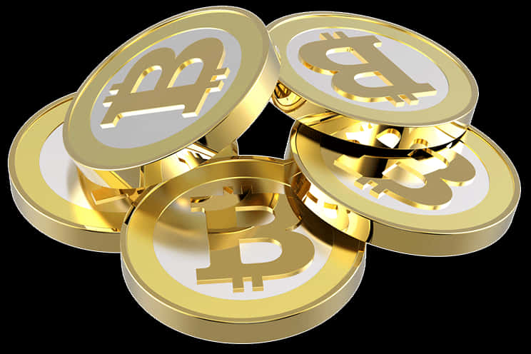 比特幣 桌布 壁紙 — 閃亮的金色比特幣硬幣堆疊成一堆，在黑色背景上帶有反射高光。