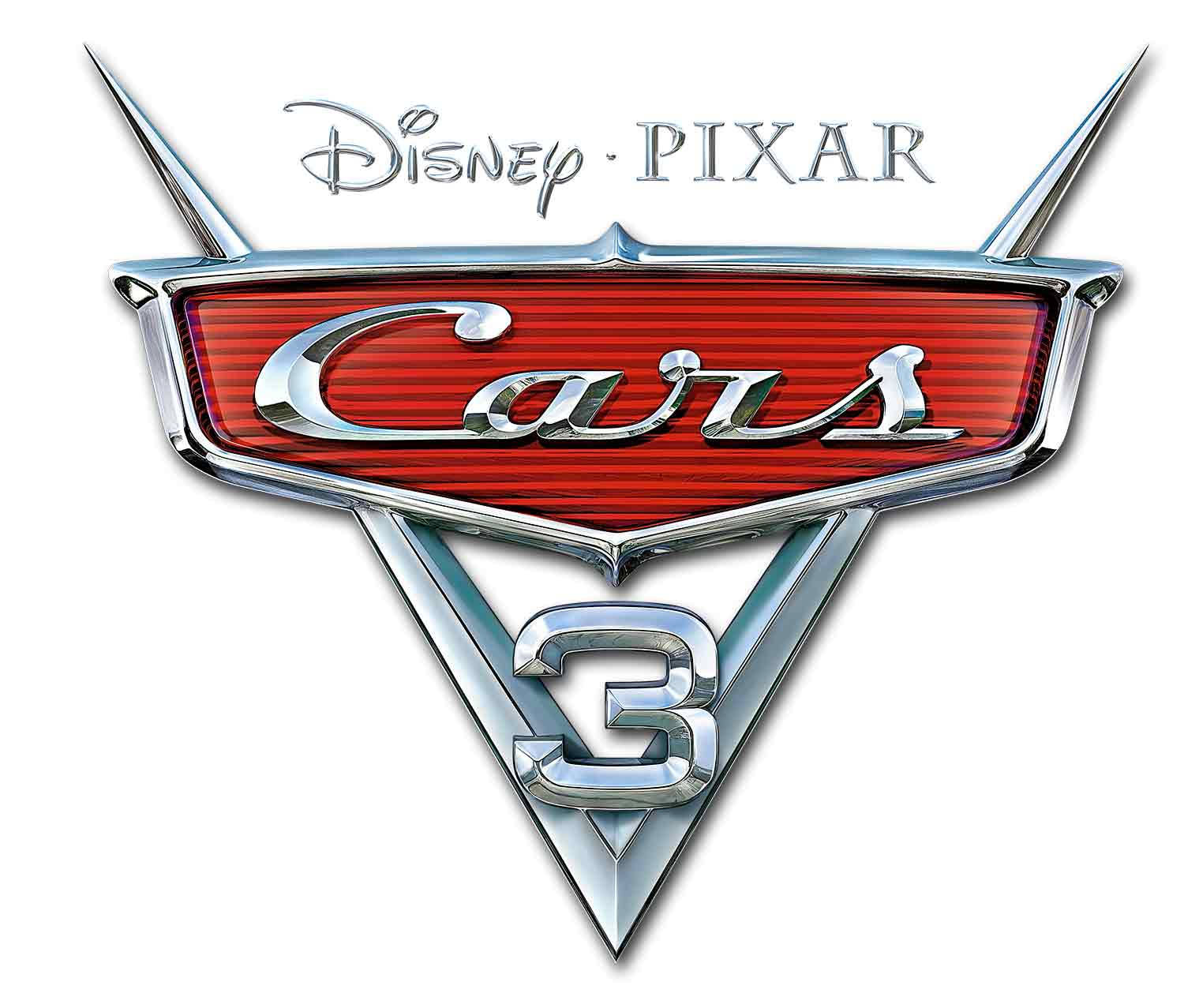 電影動圖 桌布 壁紙 — 閃亮的鉻合金標誌，用於Disney Pixar Cars 3，帶有紅色紋理背景和金屬3D字體。