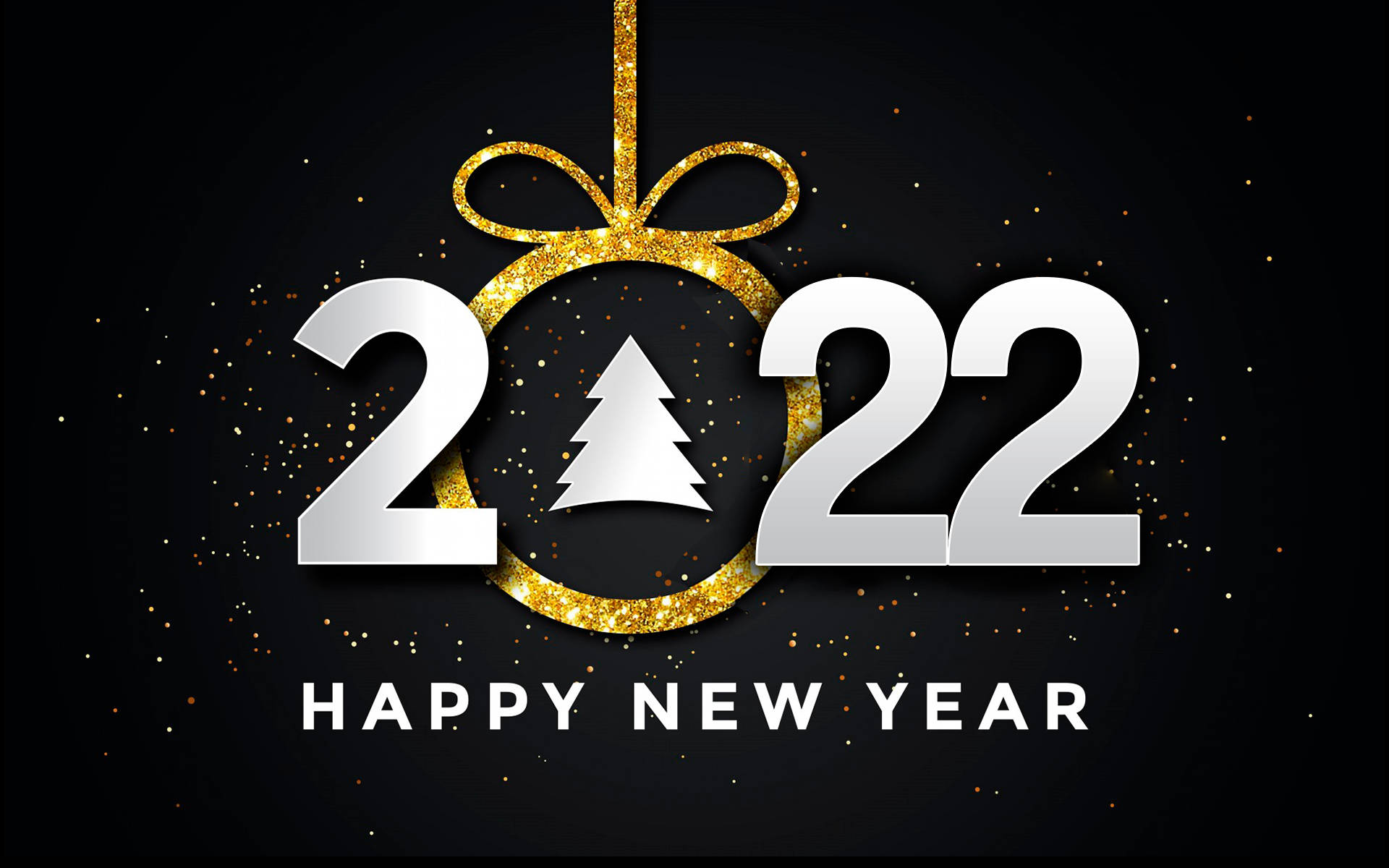 New 桌布 壁紙 — 閃亮的銀色2022數字，飾有閃爍的金色裝飾和松樹，背景為深色，帶有閃爍的顆粒。