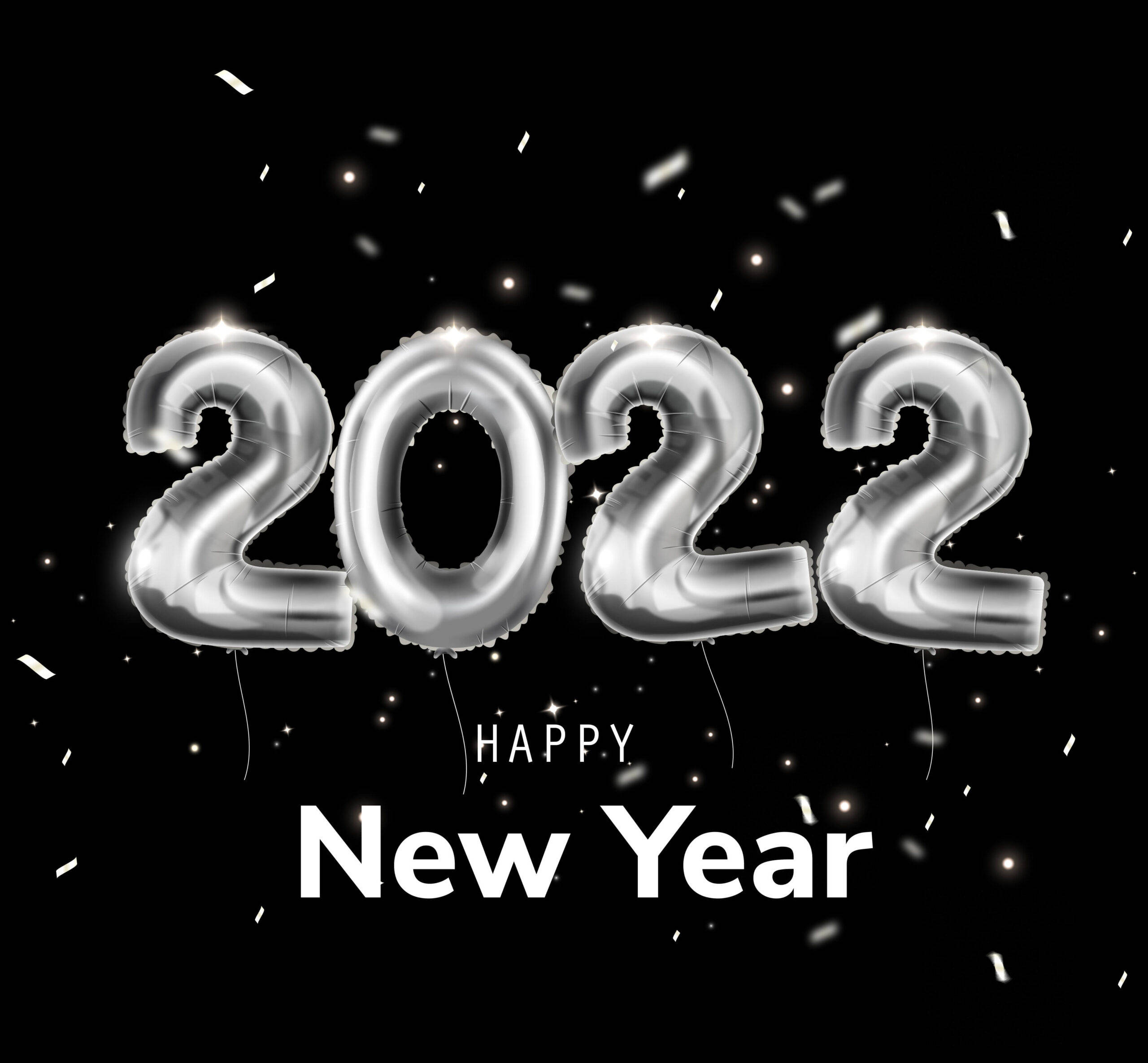 New 桌布 壁紙 — 閃亮的銀色2022氣球在黑色背景上漂浮，伴隨著飄落的五彩紙屑和閃爍的燈光。