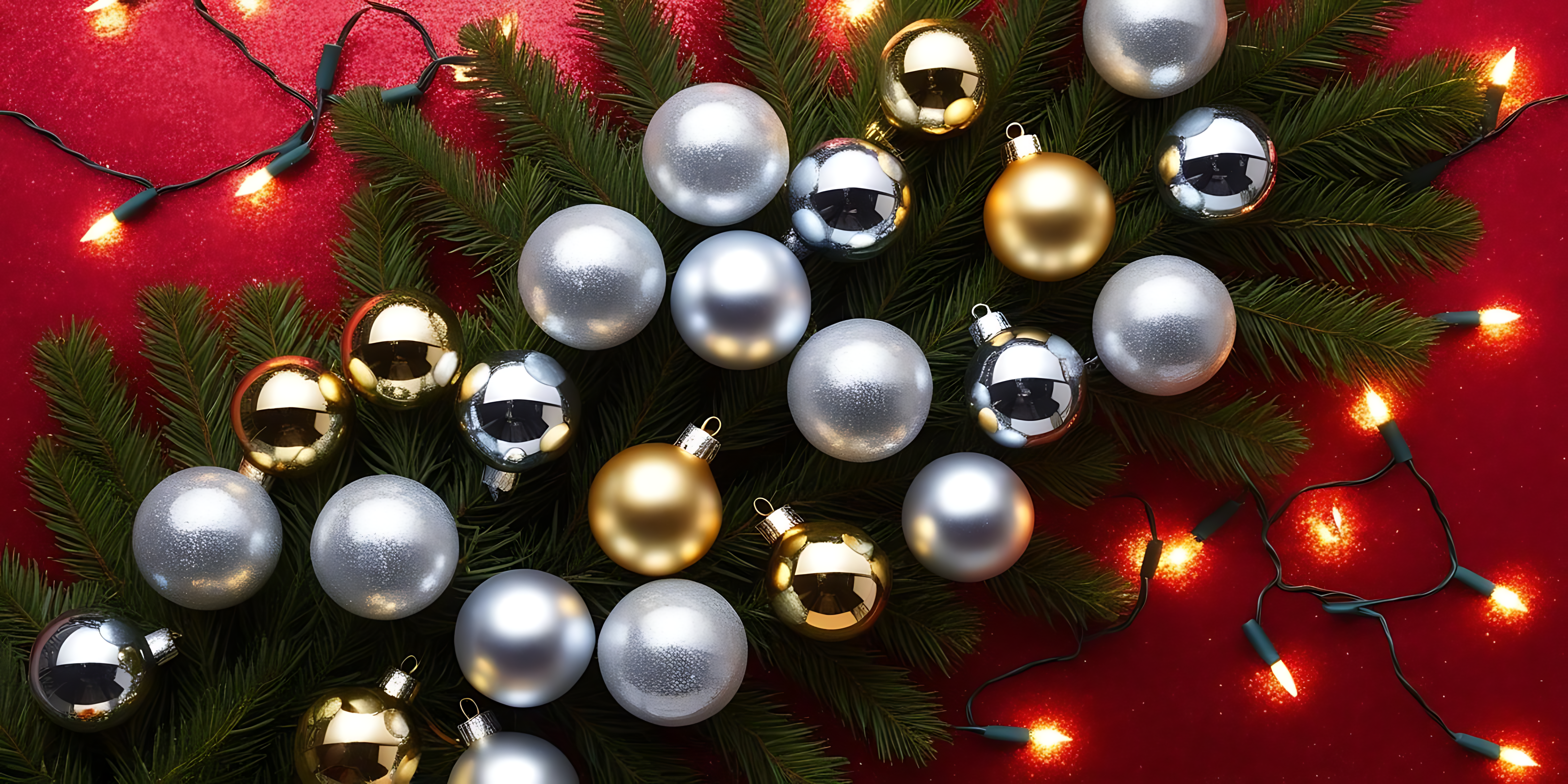 Baubles 桌布 壁紙 — 閃亮的銀色和金色聖誕裝飾品藏在綠色松針之間，背景是鮮豔的紅色，並有發光的燈串。