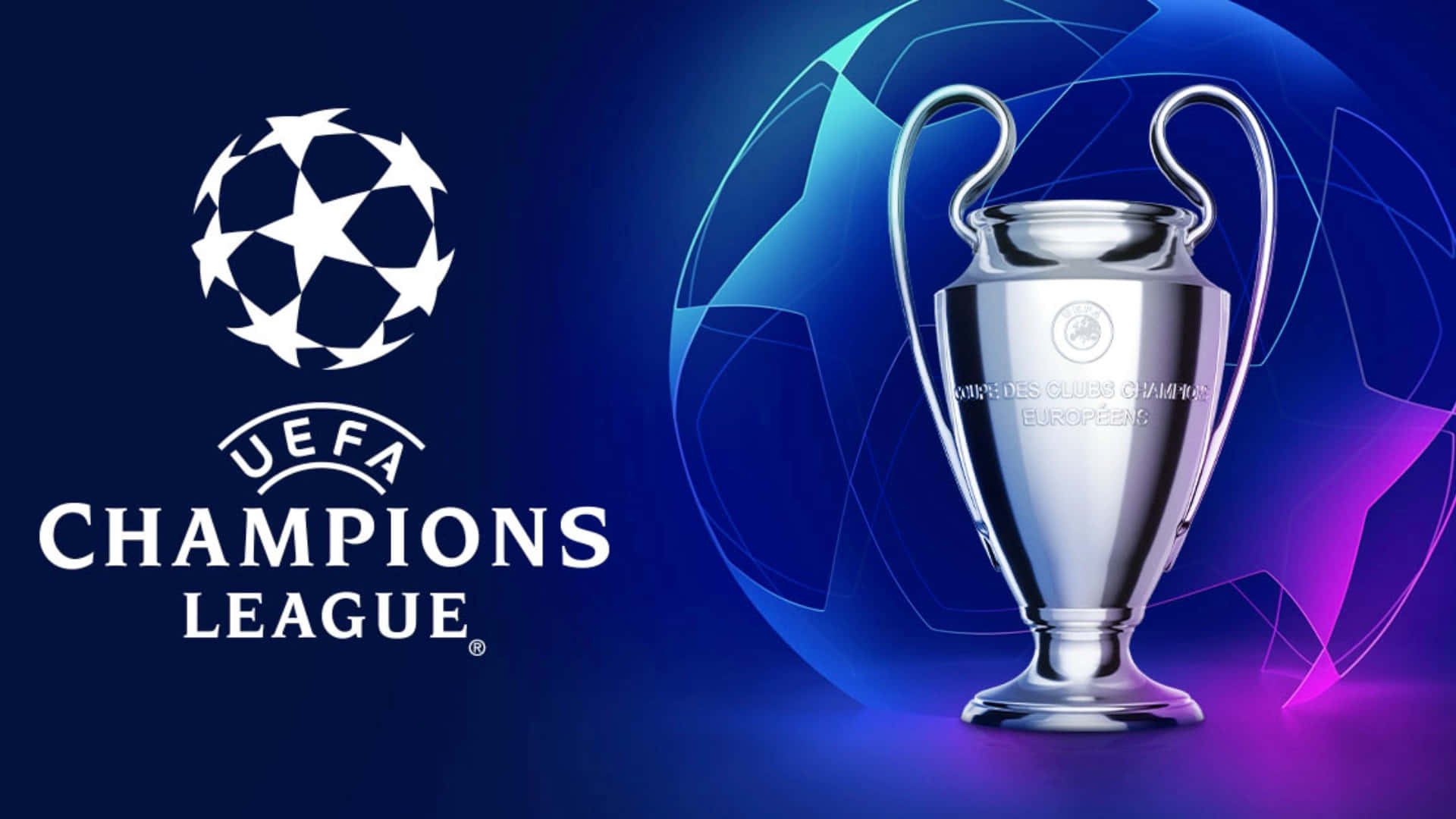 Champions League 桌布 壁紙 — 閃亮的銀色歐洲冠軍聯賽獎盃在充滿活力的藍色和紫色抽象背景上閃耀，帶有發光的幾何線條。