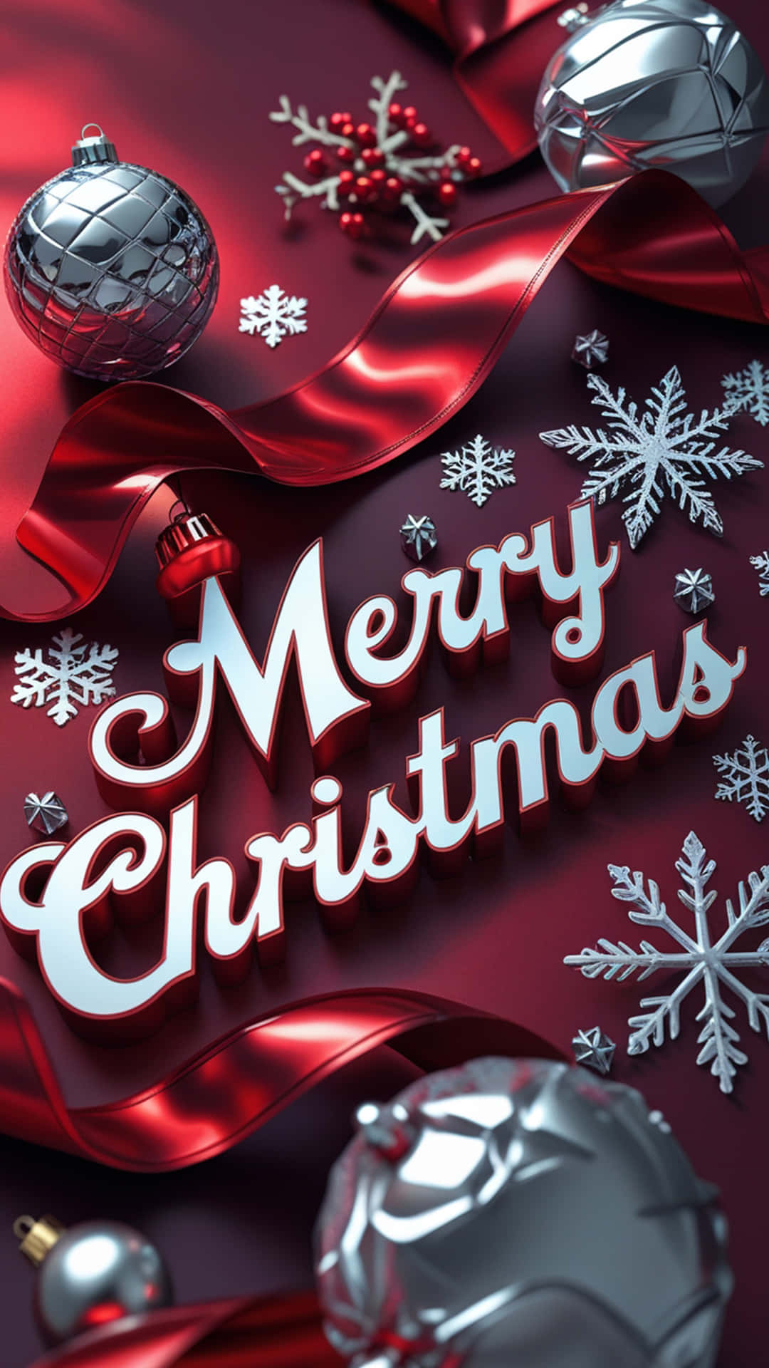 Christmas Wallpaper 壁紙 — 閃亮的銀色裝飾品、雪花和紅色絲帶在深紅色背景上圍繞著粗體白色Merry Christmas文字旋轉。