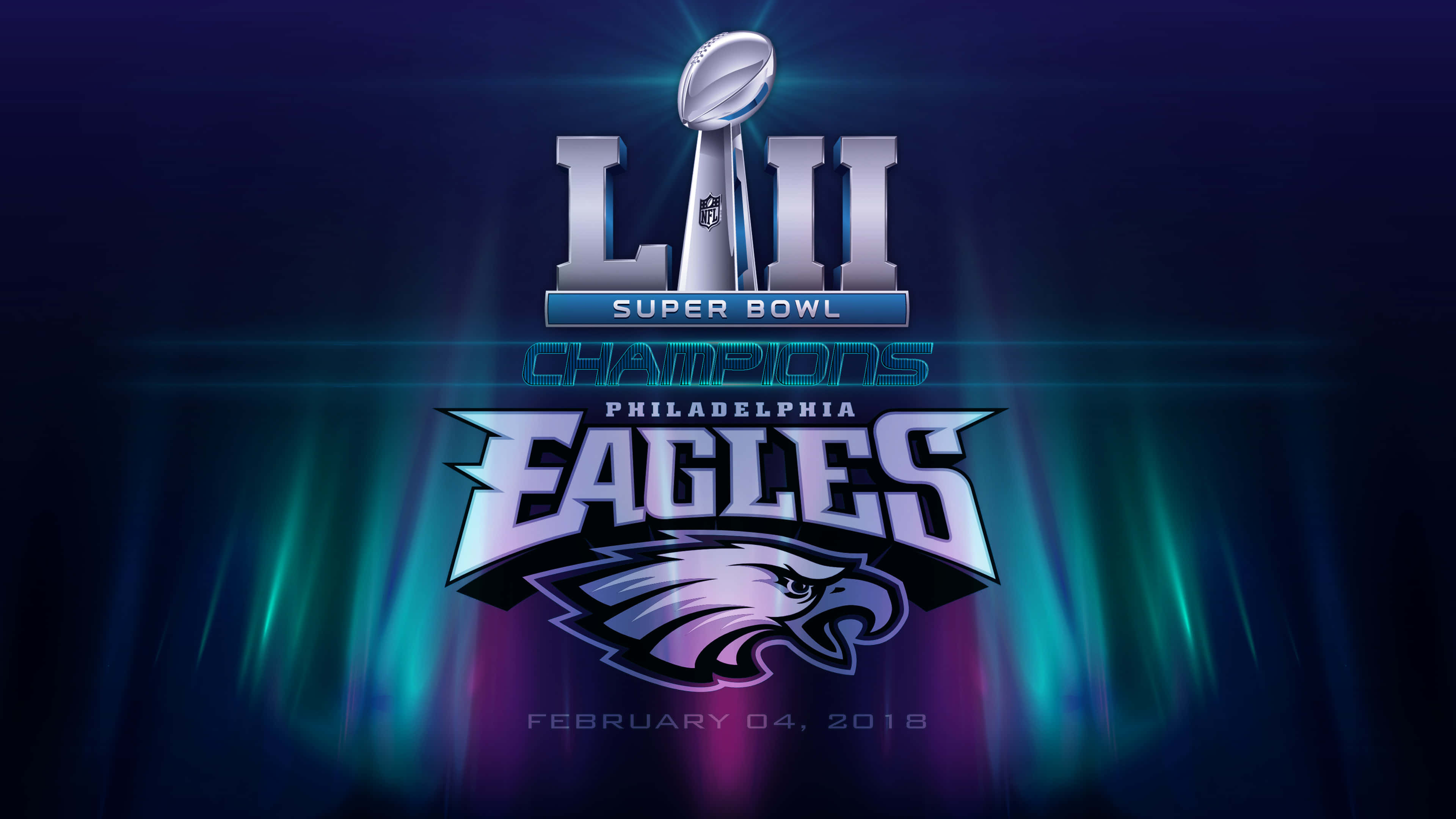 Super Bowl 桌布 壁紙 — 閃亮的銀色超級盃獎盃在鮮豔的藍色和藍綠色發光背景上，在醒目的費城老鷹隊冠軍標誌上方閃耀。