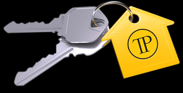 key 桌布 壁紙 — 閃亮的銀色鑰匙連接到一個亮黃色房屋形狀的標籤上，標籤上有黑色TP標誌，背景為黑色。