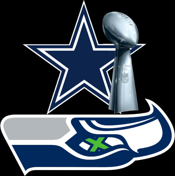 Cowboys Logo 桌布 壁紙 — 閃亮的銀色隆巴迪獎盃立在黑色背景上，旁邊是達拉斯牛仔隊的星星和西雅圖海鷹隊的標誌。