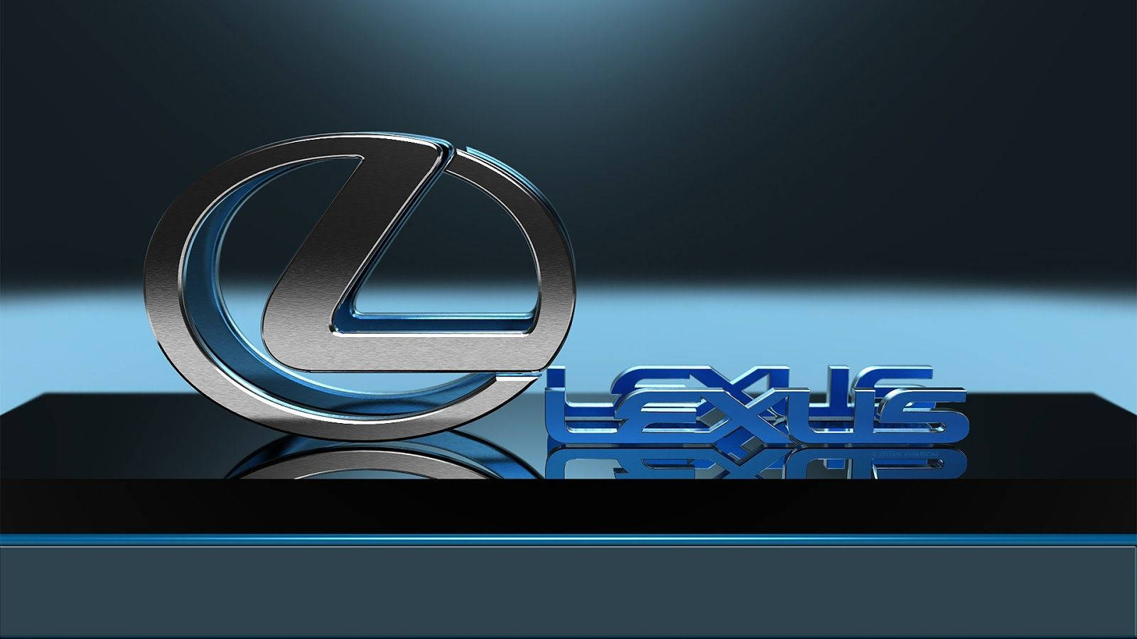 Lexus 標誌 桌布 壁紙 — 閃亮的鍍鉻凌志標誌和文字在聚光燈下，在反射黑色表面上，以漸變藍色背景襯托下閃爍。