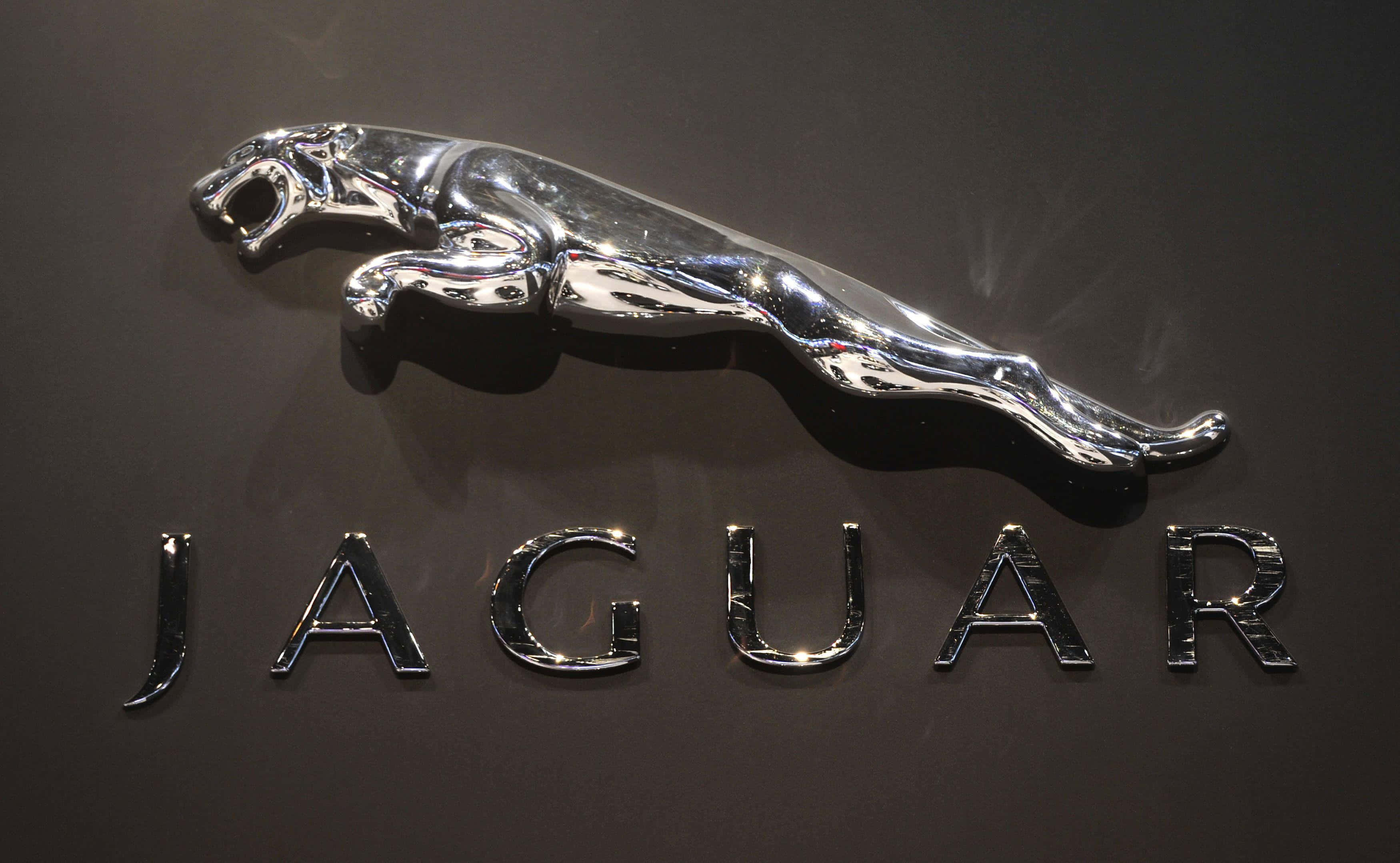 Car Logo 桌布 壁紙 — 閃亮的鍍鉻美洲豹跳躍標誌和 'JAGUAR' 字樣安裝在深色啞光表面上。