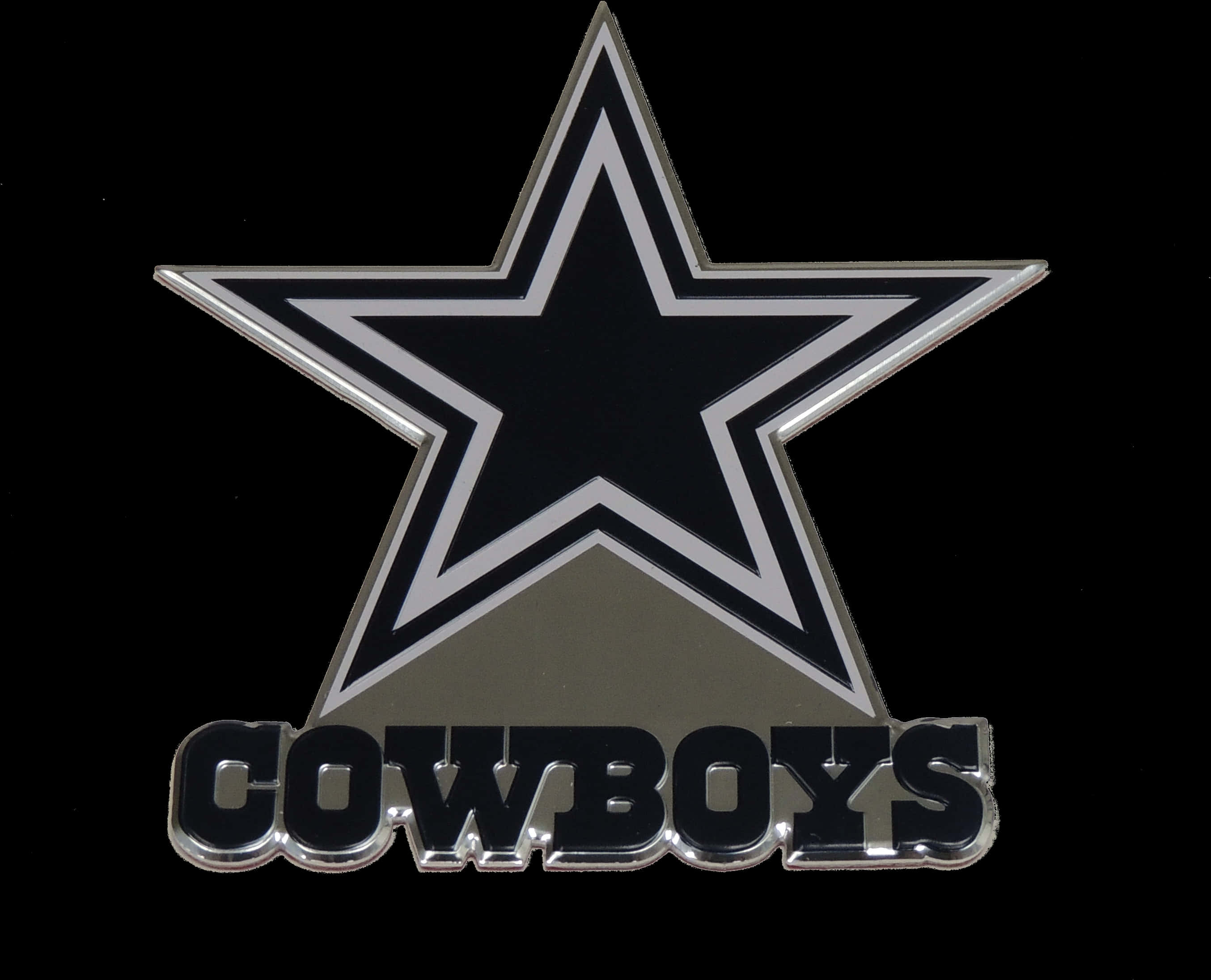 Dallas Cowboys Star 桌布 壁紙 — 閃亮的鍍鉻達拉斯牛仔隊星形標誌，帶有粗體黑色和銀色條紋，背景為純黑色。