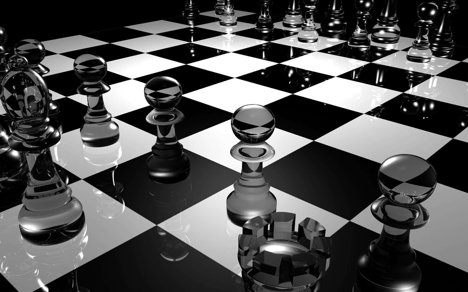 Black And White Chess 桌布 壁紙 — 閃亮的黑白棋子在反光的棋盤上以高對比度的單色呈現。