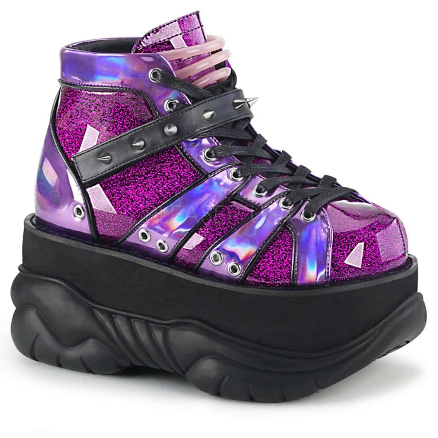 Purple Shoes 桌布 壁紙 — 閃亮紫色與虹彩高筒厚底運動鞋，搭配黑色綁帶與厚鞋底。
