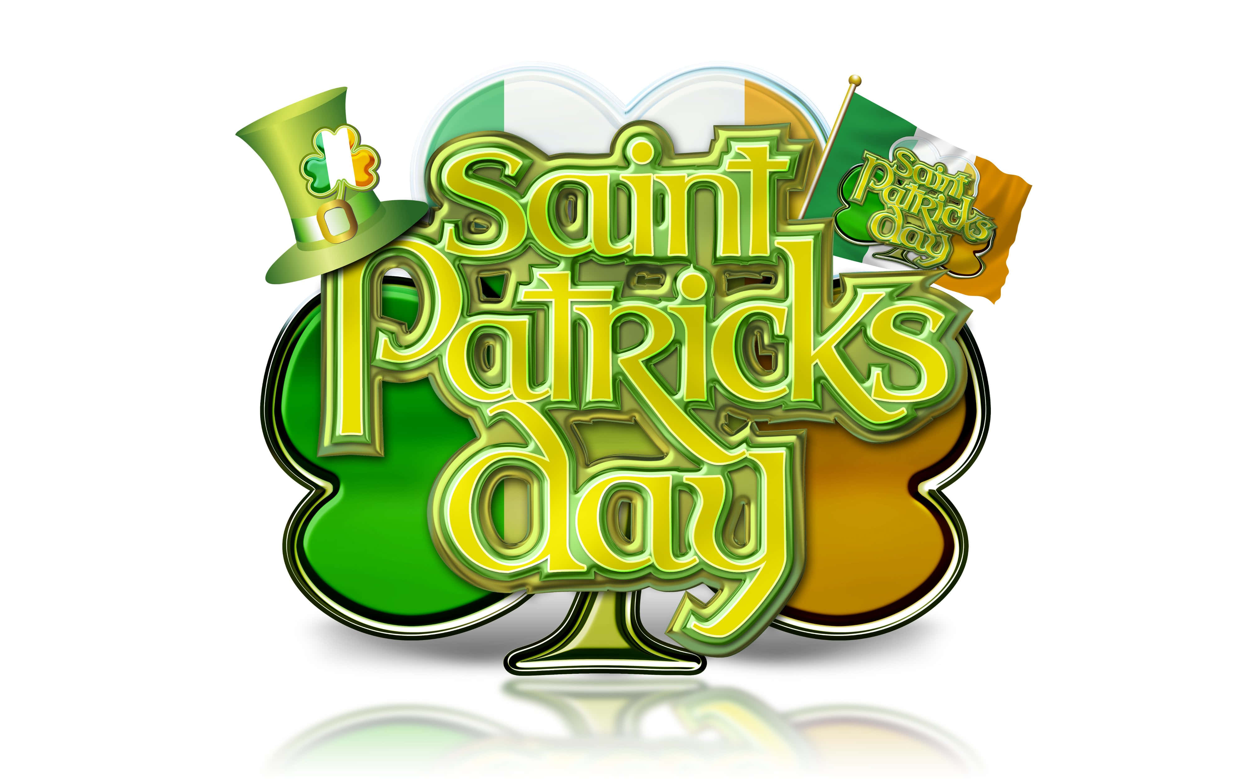 St Patrick's Day 桌布 壁紙 — 閃亮綠色和金色的聖派翠克節標誌，帶有小妖精帽、旗幟和三葉草形狀的背景。