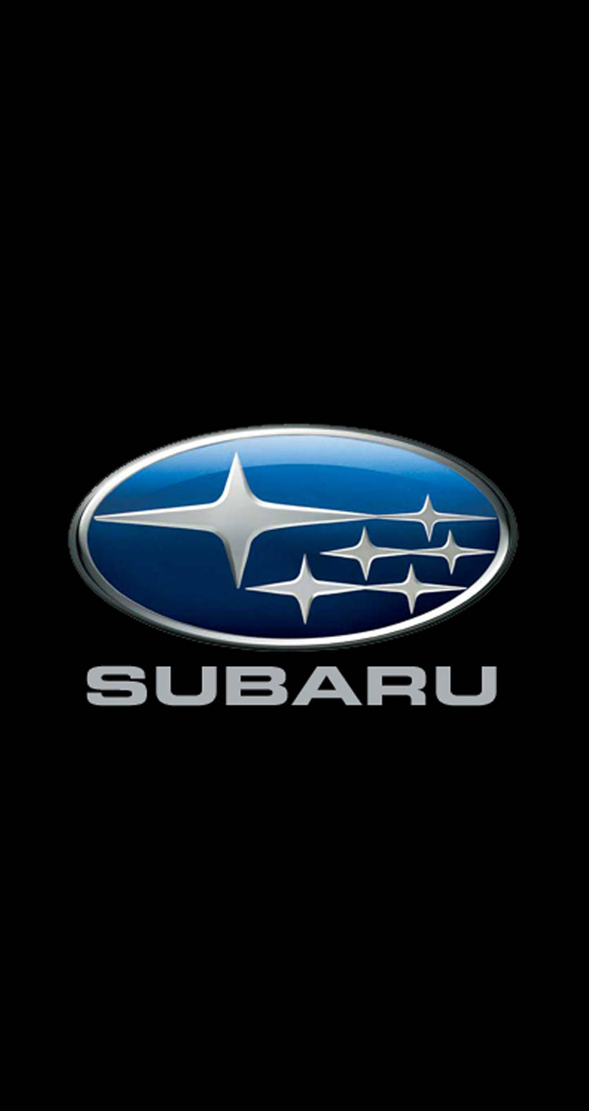 Subaru Logo 桌布 壁紙 — 閃亮藍色Subaru標誌，銀色星星和文字居中在黑色背景上。