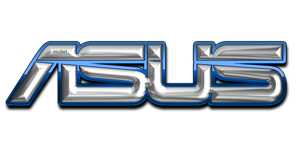 Asus Logo 桌布 壁紙 — 閃亮金屬ASUS標誌，帶有藍色亮點，並在'A'上有一個小型的mullet圖案，背景為白色。