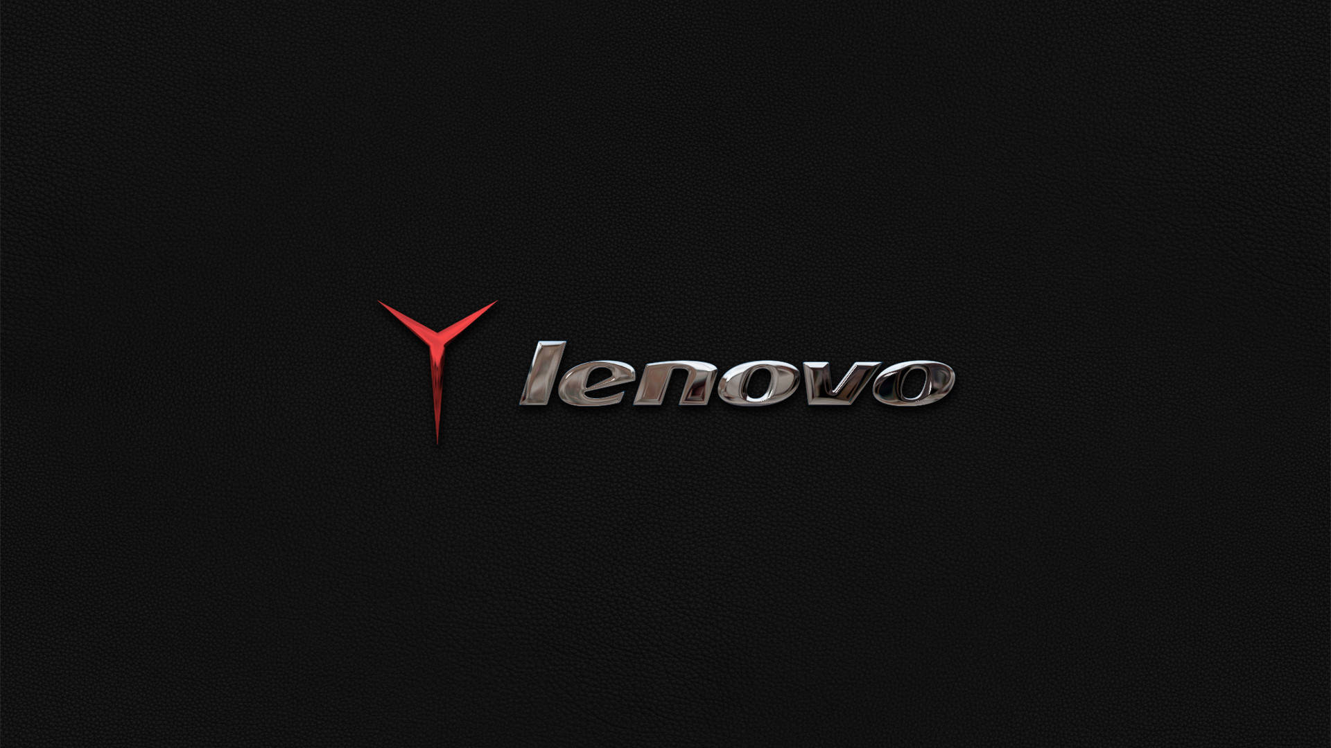 Logo 桌布 壁紙 — 閃亮金屬Lenovo標誌，紅色Y符號居中，位於紋理黑色皮革背景上。