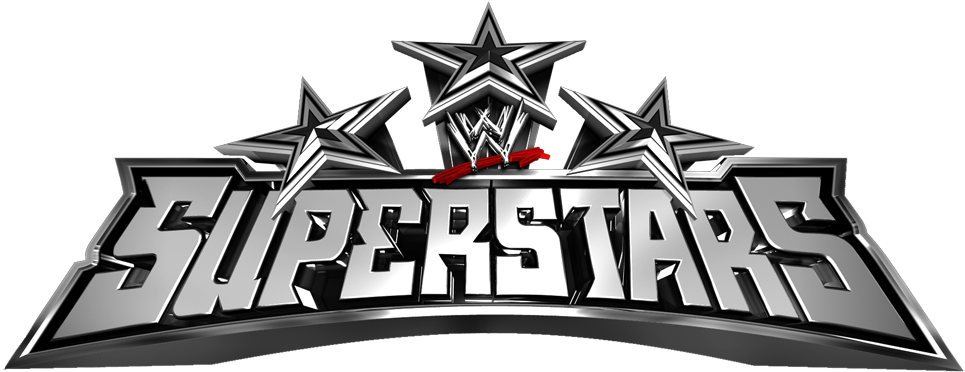 WWE 桌布 壁紙 — 閃亮金屬WWE Superstars標誌，帶有三顆星和紅色絲帶，背景為黑色。
