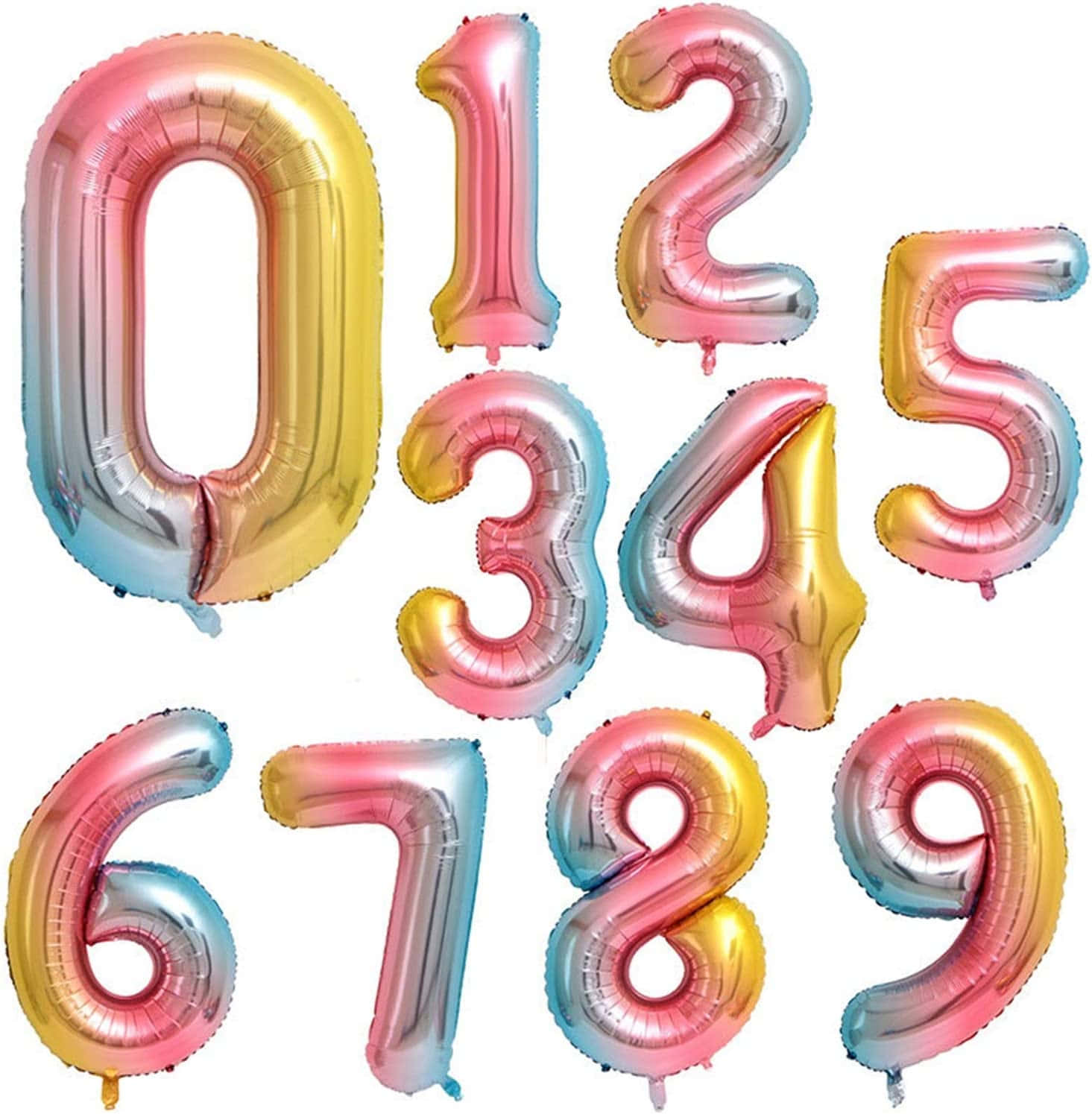 漸層 桌布 壁紙 — 閃亮金屬彩虹漸變氣球，形狀為數字0至9，漂浮在潔白背景上。