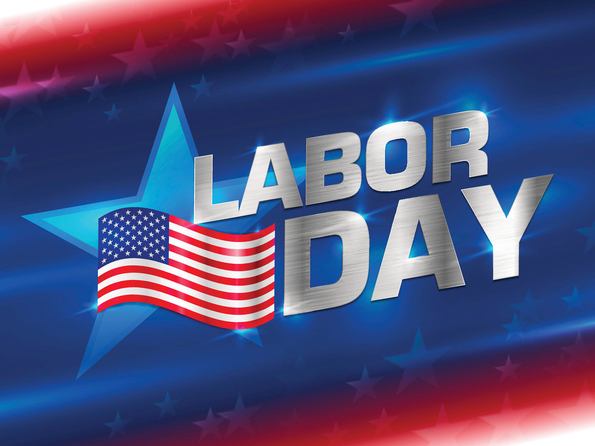 Labor 桌布 壁紙 — 閃亮金屬質感的「Labor Day」文字，藍色星星內有飄揚的美國國旗，背景是紅藍漸變星空。