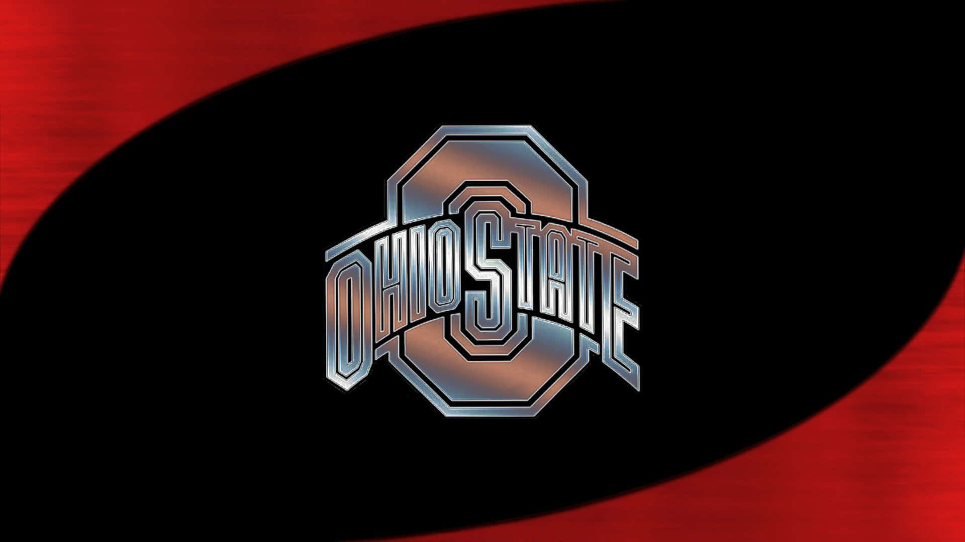 Ohio State Logo 桌布 壁紙 — 閃亮金屬質感的俄亥俄州立大學標誌，居中於黑色和紅色的彎曲背景上。