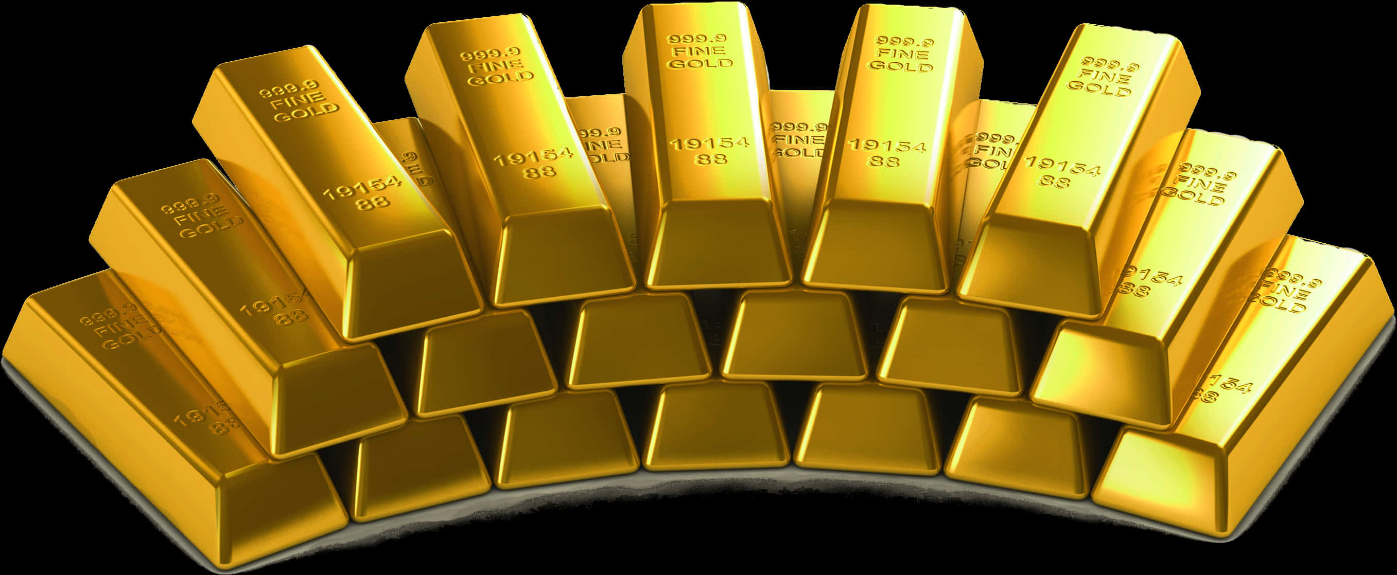 Gold Bars 桌布 壁紙 — 閃亮金條以彎曲排列堆疊在黑色背景上。