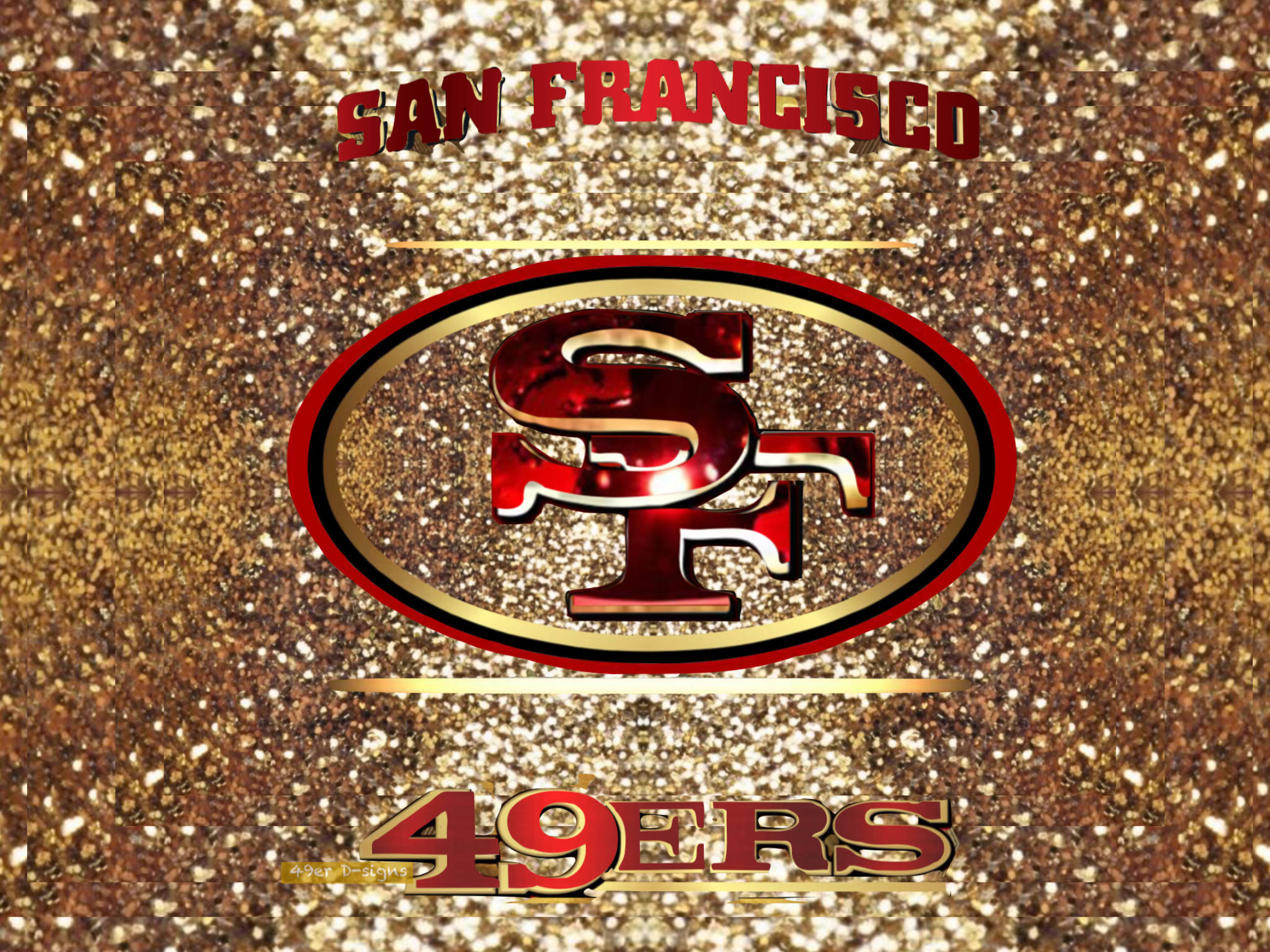 49ers 桌布 壁紙 — 閃亮金色亮粉背景，帶有粗體紅色和金色的舊金山49人隊標誌及球隊名稱文字。