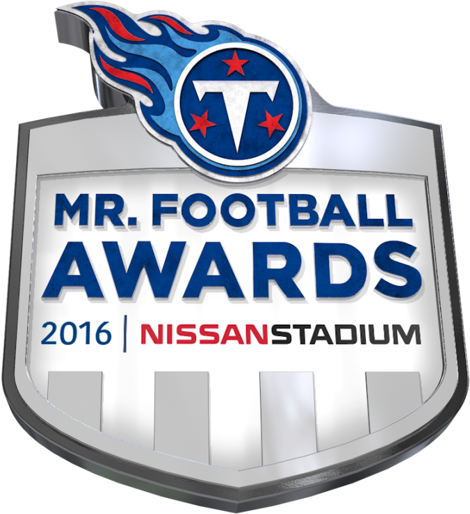 田納西泰坦 桌布 壁紙 — 閃亮銀盾獎章，用於在日產體育場舉行的 Mr Football Awards 2016，帶有藍色火焰標誌和紅色星星。