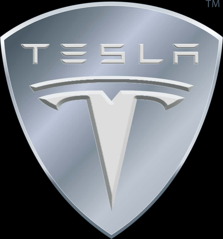 Logo Design 桌布 壁紙 — 閃亮銀色 Tesla 標誌盾牌徽章，帶有浮雕文字和 T 形符號，背景為黑色。