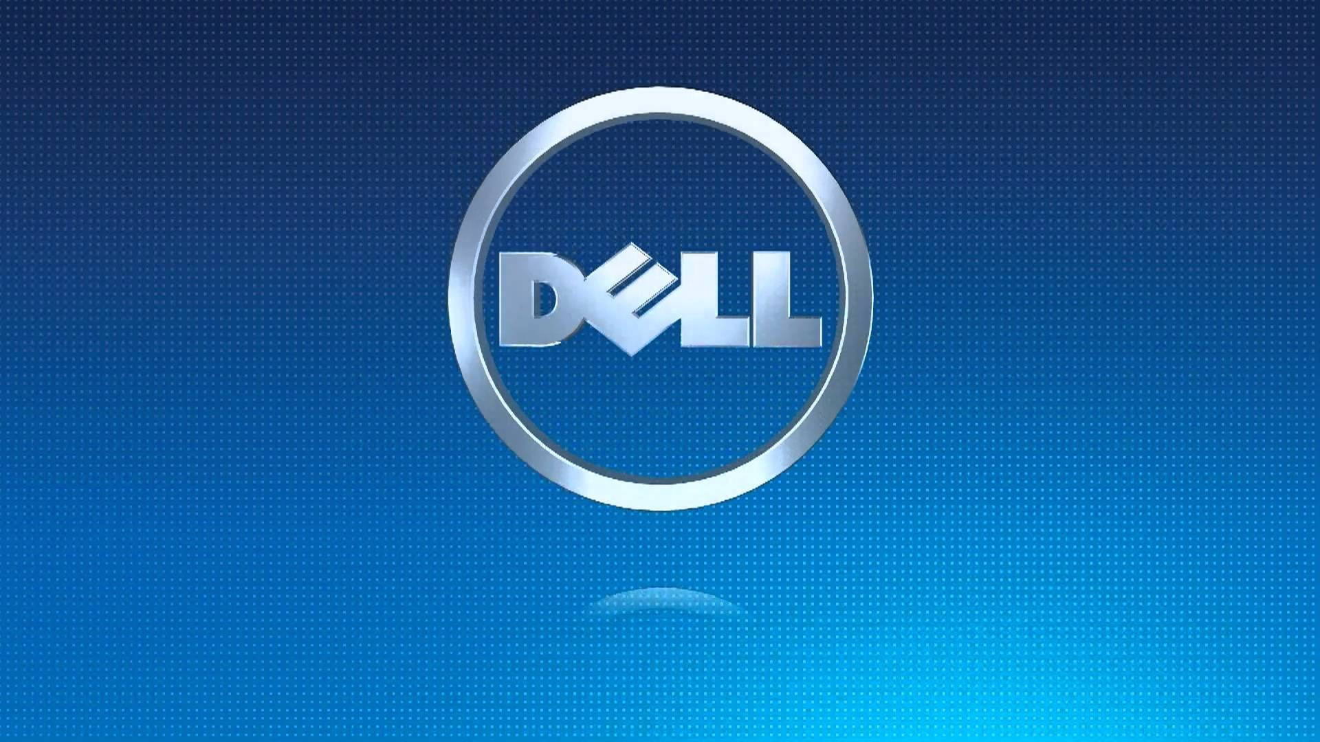 戴爾 HD 桌布 壁紙 — 閃亮銀色Dell標誌居中於帶有細微圓點圖案的漸變藍色背景上。